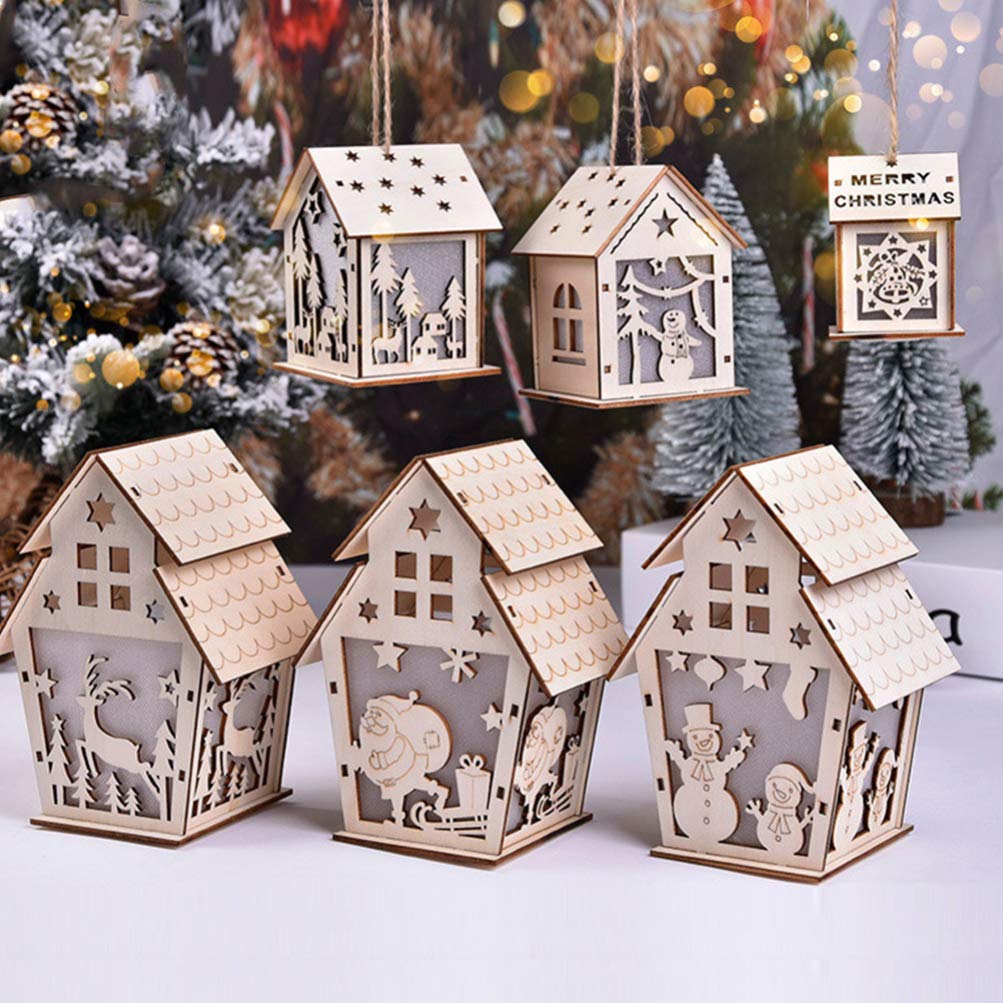 BESPORTBLE 3-Piece Christmas Wooden Lighted House Set - LED Mini Village Decor with Retro Wood House Ornaments (Random Styles) - Perfect for Holiday Tabletop Displays, Mantel Decorations & Christmas Village Scenes
