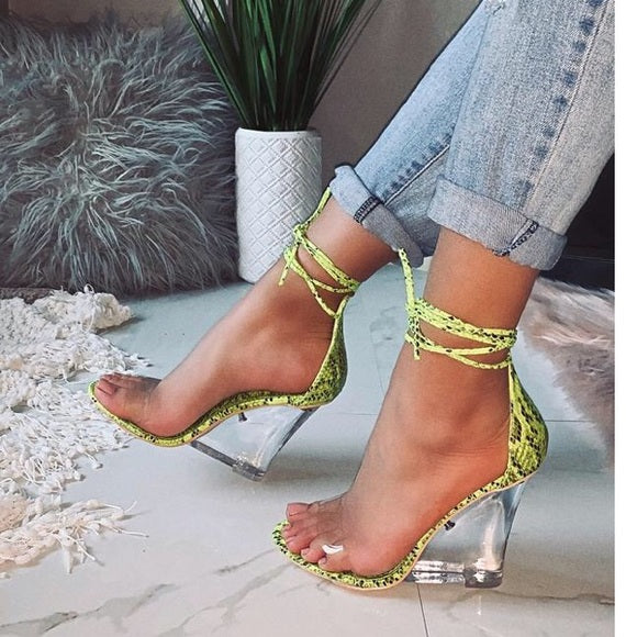 Lorna Lime Green Snake Print Wedge Heels for Women - Stylish Comfortable Chunky Heels for Party, Night Out, and Special Occasions