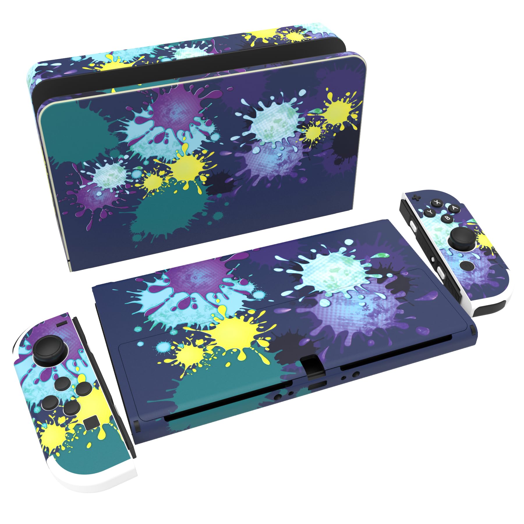 Playvital Full Set Protective Stickers for Nintendo Switch OLED Model - Custom Vinyl Decal Skins for Switch OLED Console, Joycon, Dock & Grip - Splatter Paint Design - Perfect for Gaming Protection and Personalization
