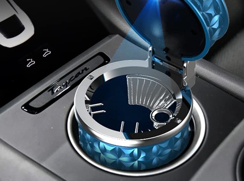 Portable Car Ashtray with Lid - Mini LED Light Car Trash Can for Cigarettes, Home & Office Use - Leakproof & Odor Control - Perfect for Road Trips, Commuting & Smoking Areas (Dark Blue)
