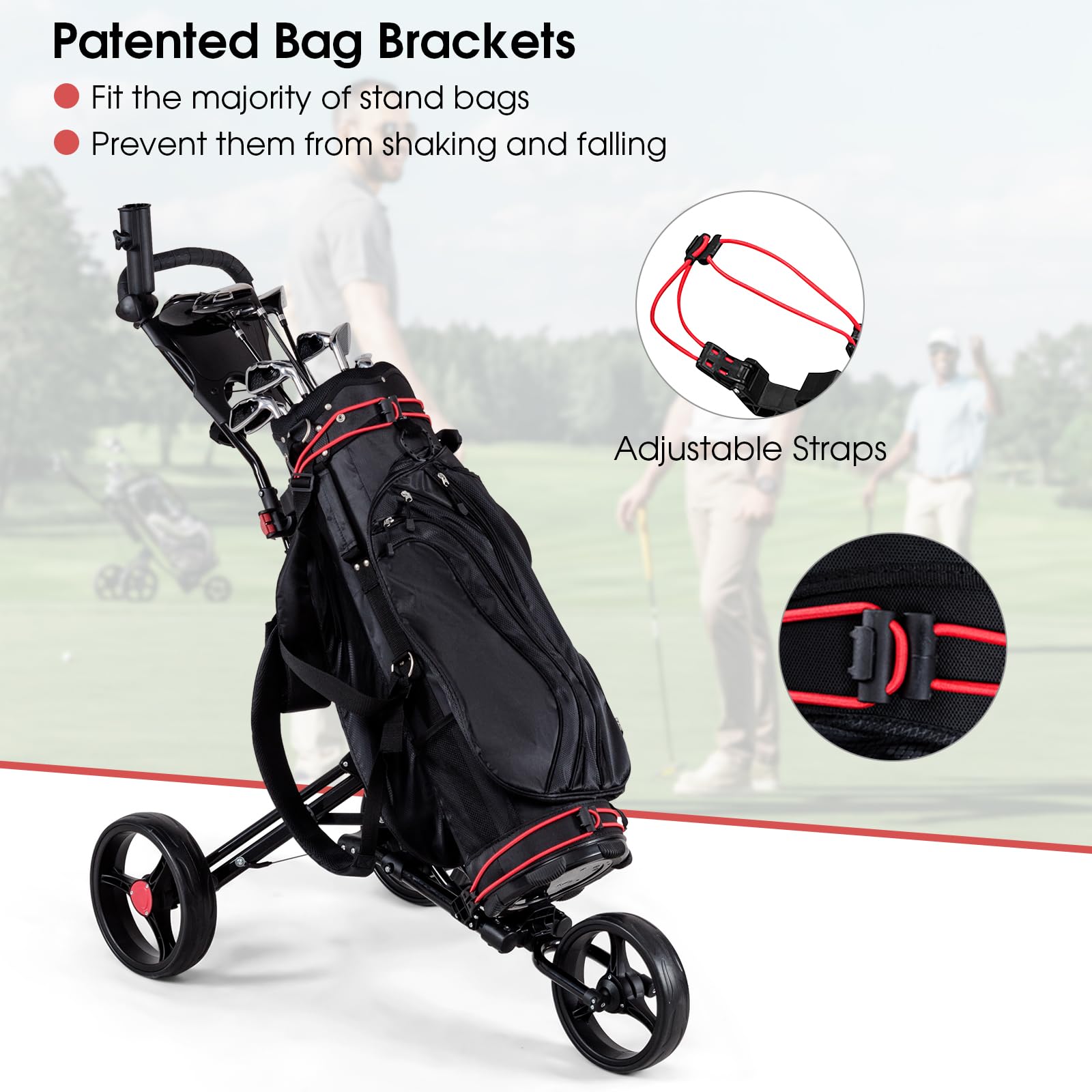 3 Wheel Folding Golf Push Cart - Lightweight Collapsible Golf Club Caddy with Foot Brake & Umbrella Holder - Adjustable 4-Position Handle (Black) | Perfect for Golf Course, Driving Range & Outdoor Practice