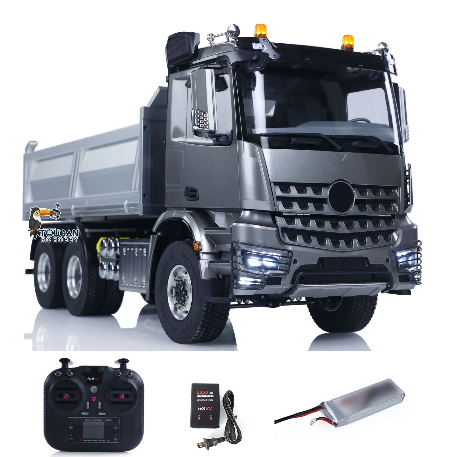 1/14 Scale RC Hydraulic Dumper Truck - 2 Speed Remote Control Tipper Car with Metal Chassis, Light & Sound Effects, No Lock Differential (3348 Model) - Perfect for Construction Site Play, Off-Road Racing and Collector's Display