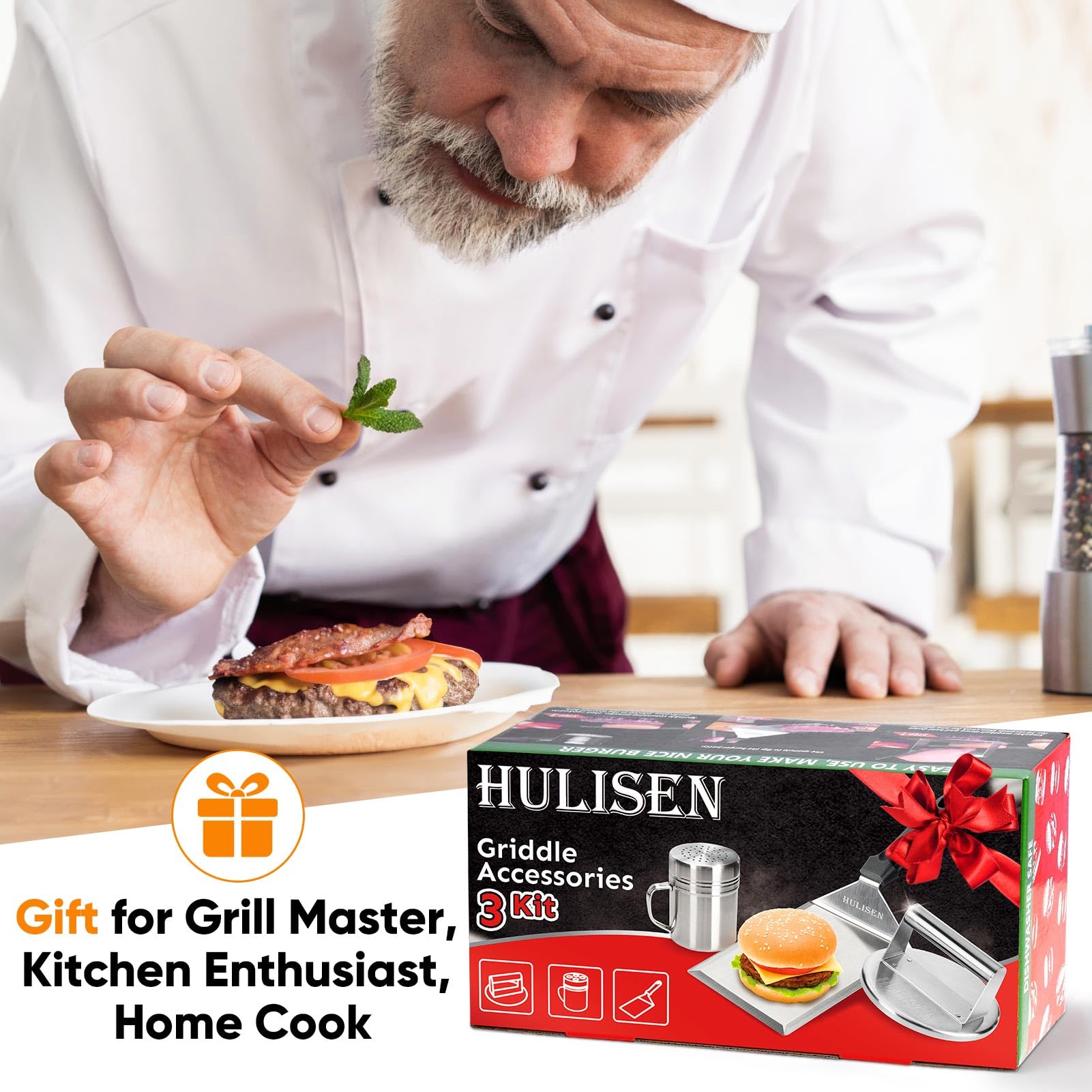 HULISEN Smashed Burger Press Kit - Stainless Steel Burger Smasher with Edge, Grill Spatula & Spice Shaker - Perfect for Griddle Cooking, BBQ, Backyard Grilling & Restaurant Use - Ideal Gift for Burger Lovers