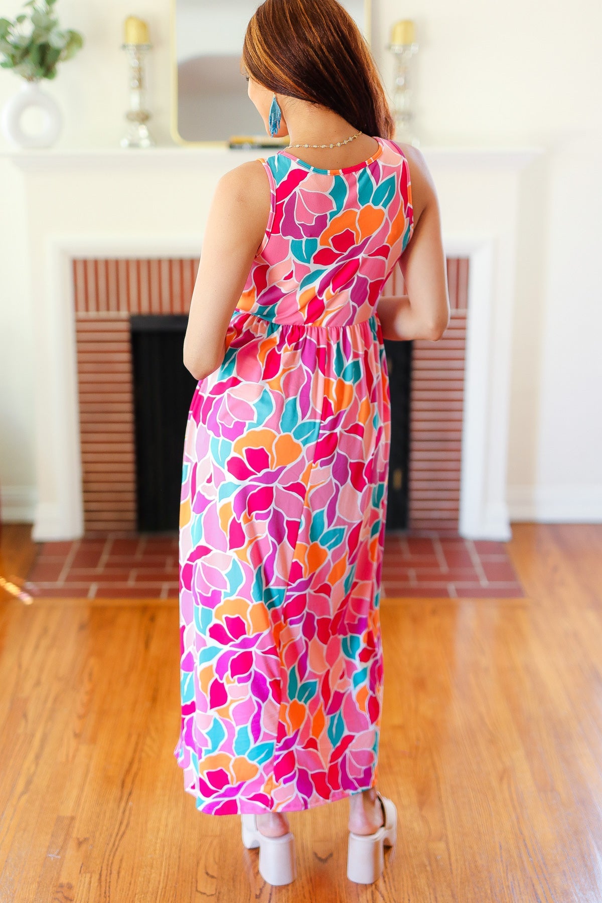 Elegant Fuchsia Abstract Floral Fit & Flare Maxi Dress for Women - Perfect for Summer Weddings, Beach Vacations & Special Occasions