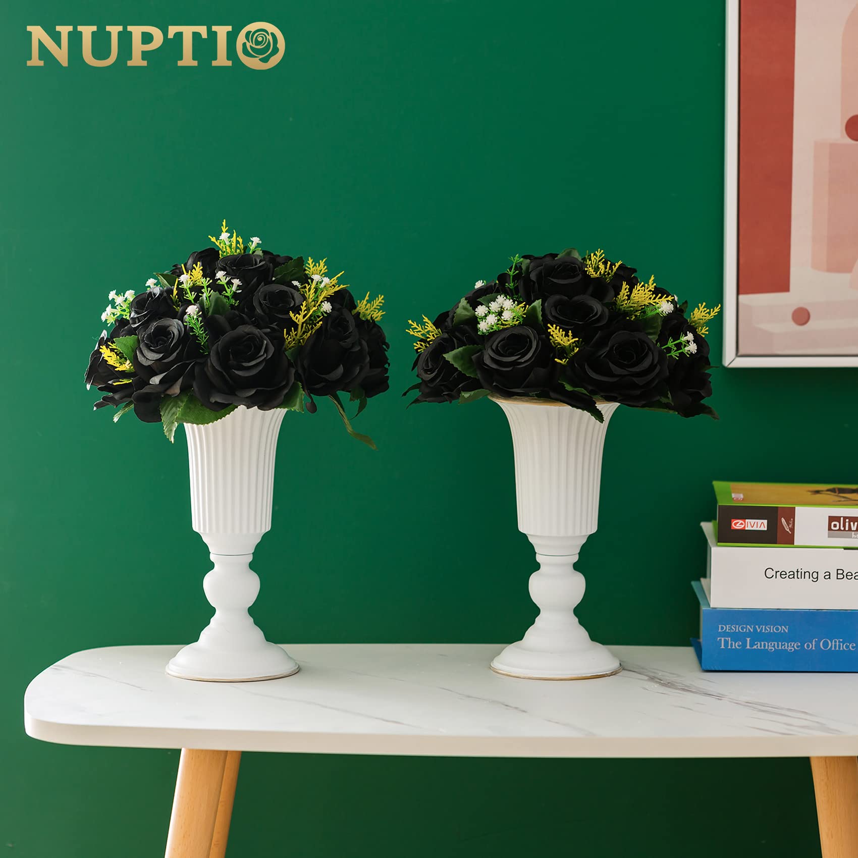 NUPTIO Black Roses Artificial Flowers - 2 Pcs Fake Flower Bouquet with Hydrangea, 15 Heads Realistic Fake Roses with Base - Perfect for Home Decor, Wedding Centerpieces & Gothic Themed Events