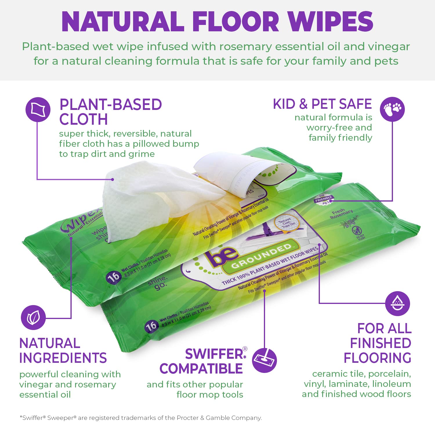 Wipex Natural Wet Floor Cleaning Wipes for Swiffer Sweeper - Plant-Based Textured Cloth with Rosemary Oil & Vinegar, Absorbs Dirt & Grime, 16 Count (Pack of 3) - Perfect for Hardwood, Tile & Laminate Floors