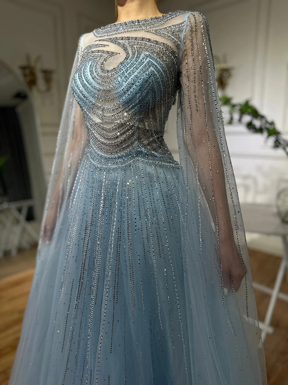 Luxury Dubai Arabic Caramel Saudi Evening Dresses with Cape Sleeves A-Line Beaded Gown for Wedding Party & Special Occasions - LA72799 | Elegant Formal Wear for Bridal, Prom & Gala Events