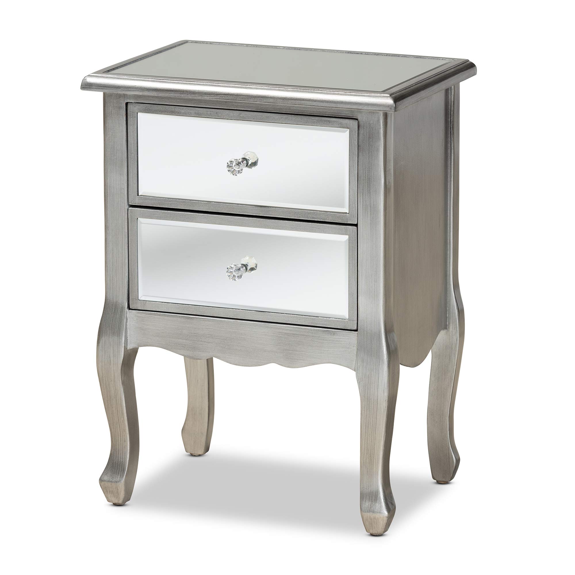 Baxton Studio Modern Nightstand with Silver Finish and Mirror - Stylish Bedside Table for Bedroom Decor & Storage