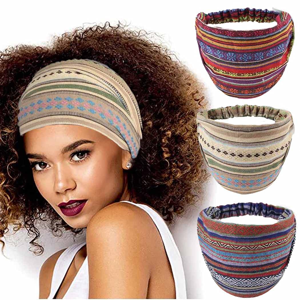 Boho Wide Headbands for Women - Stretchy African Turban Head Wraps, Striped Hairbands (Pack of 3) - Perfect for Yoga, Workouts, and Everyday Fashion Accessories