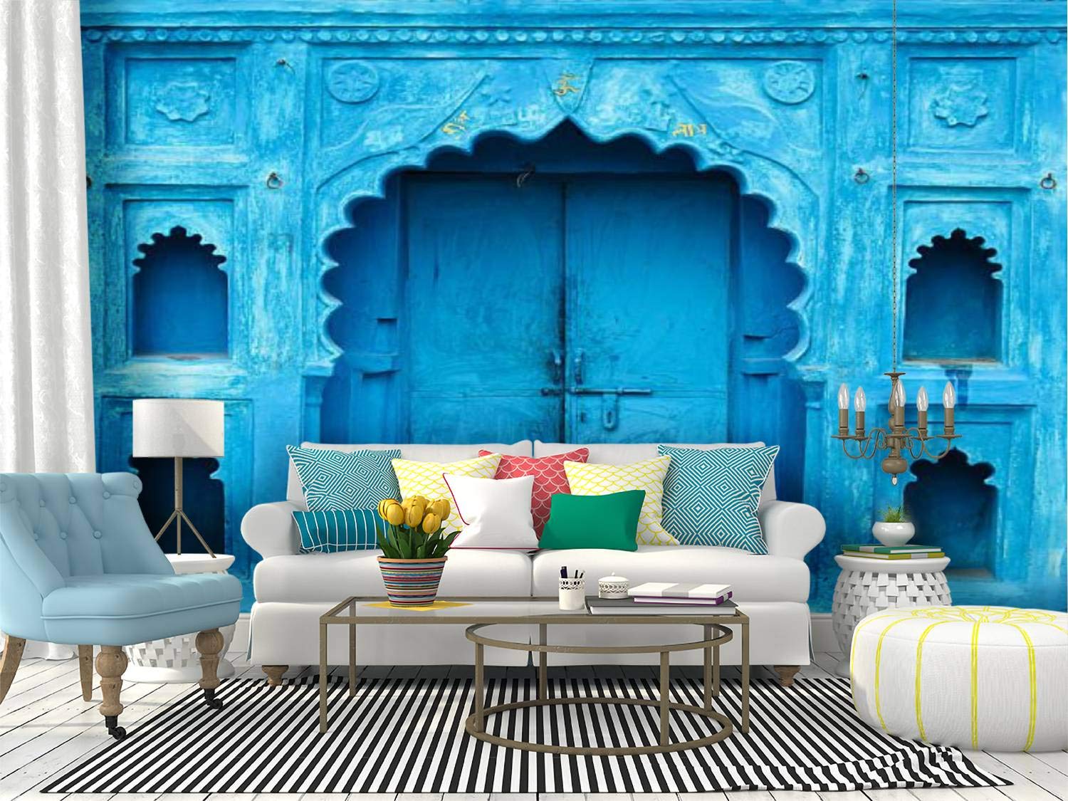 Bright Blue Indian Doorway Peel and Stick Wallpaper - Self-Adhesive Removable Vinyl Wall Mural for Home Decor | Perfect for Living Room, Bedroom, or Office Accent Wall