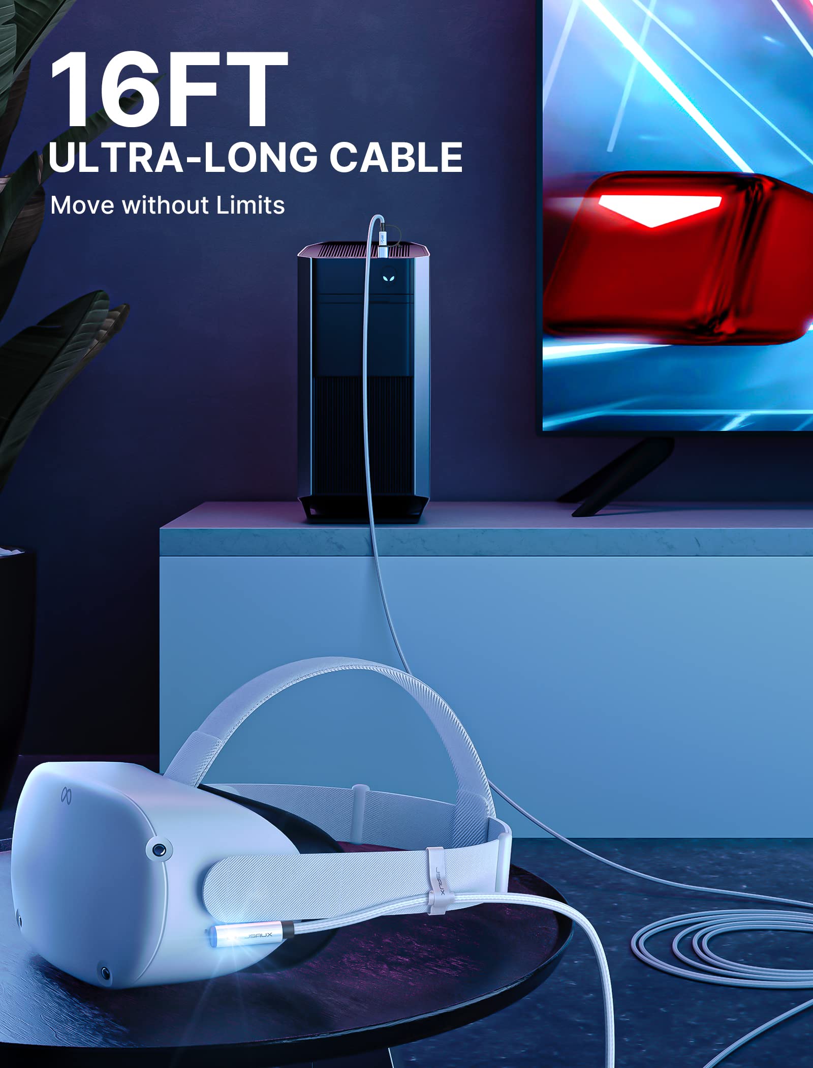 JSAUX 5m USB 3.0 High-Speed VR Link Cable 2-in-1 for Oculus Quest 2/Pico 4/Meta & PC/Steam VR - Data Transfer Adapter for VR Headsets & Gaming PCs - Perfect for Immersive Virtual Reality Experiences & PC Gaming Setups