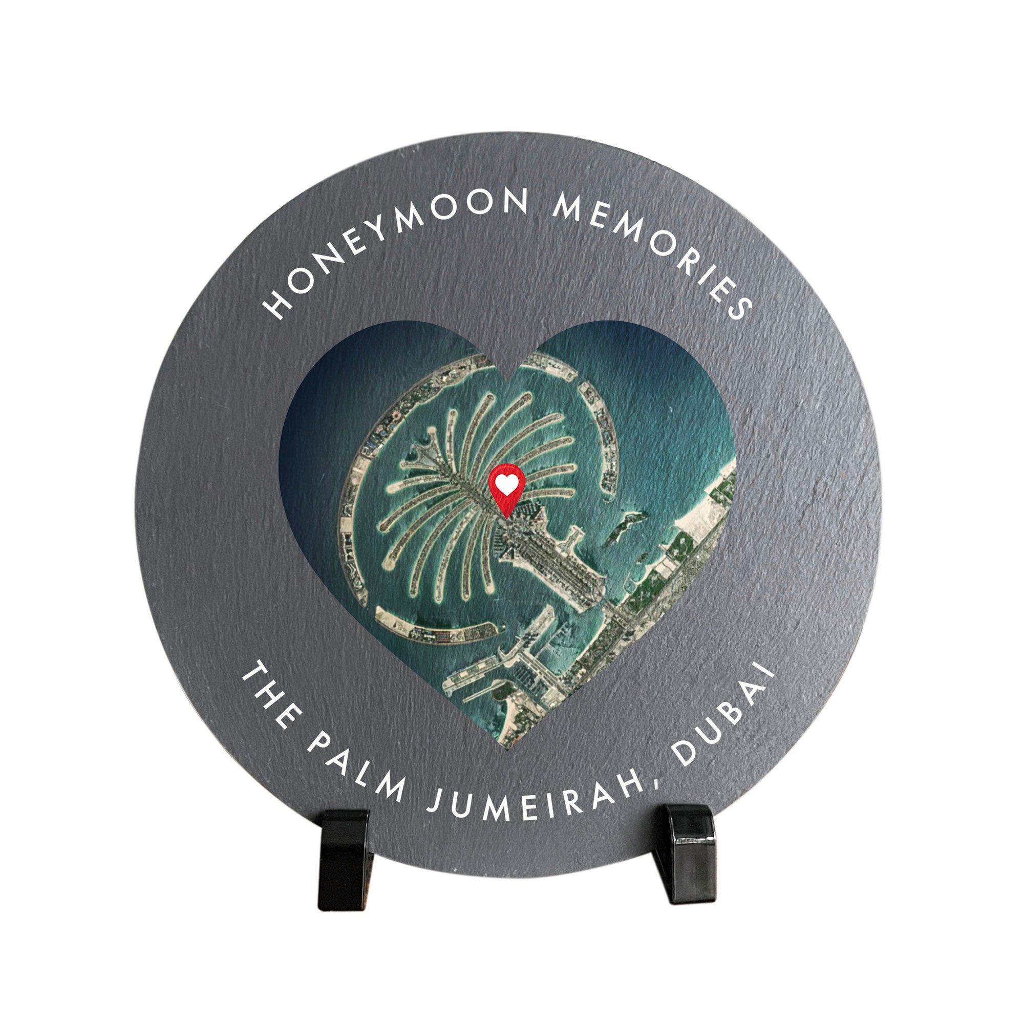 Personalized Heart Map Location Circular Slate Plaque with Stand - 20cm Home Decor Gift for Anniversary, Wedding, Valentine's Day (Perfect for Couples & Long Distance Relationships)