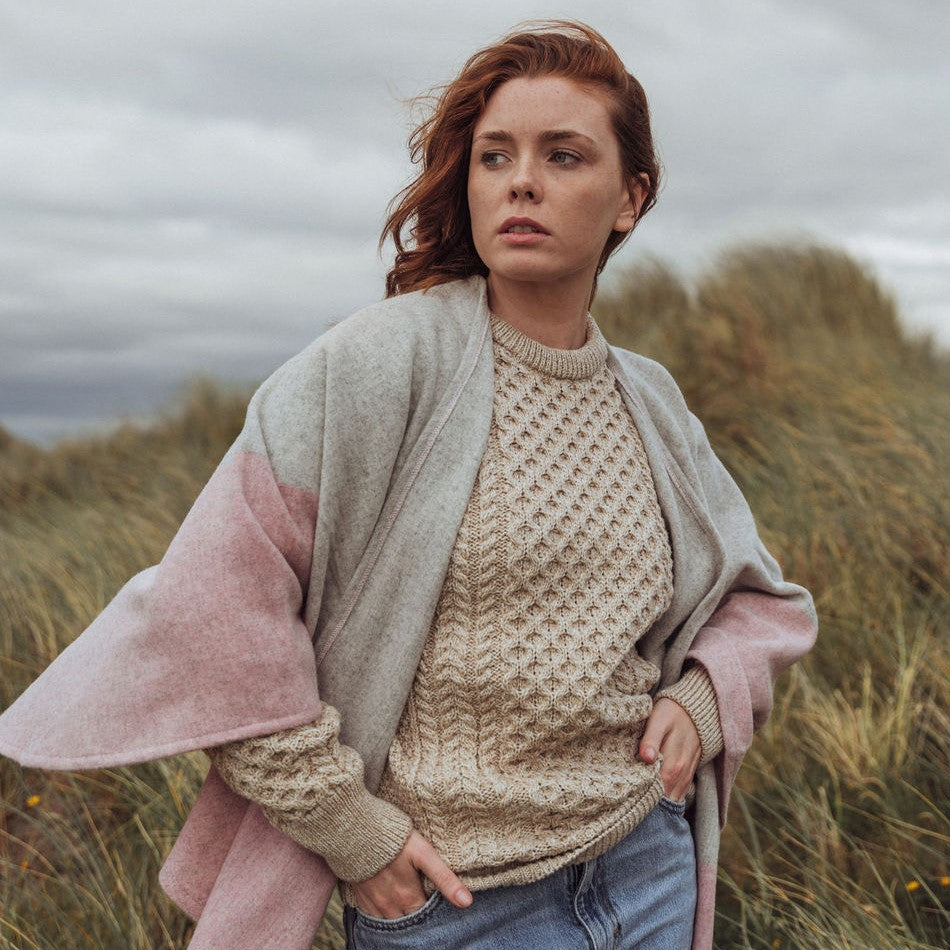 John Hanly Lambswool Cape - Soft Pink & Grey Checkered Wool Wrap for Women | Cozy Winter Shawl, Office Wear & Evening Outfits
