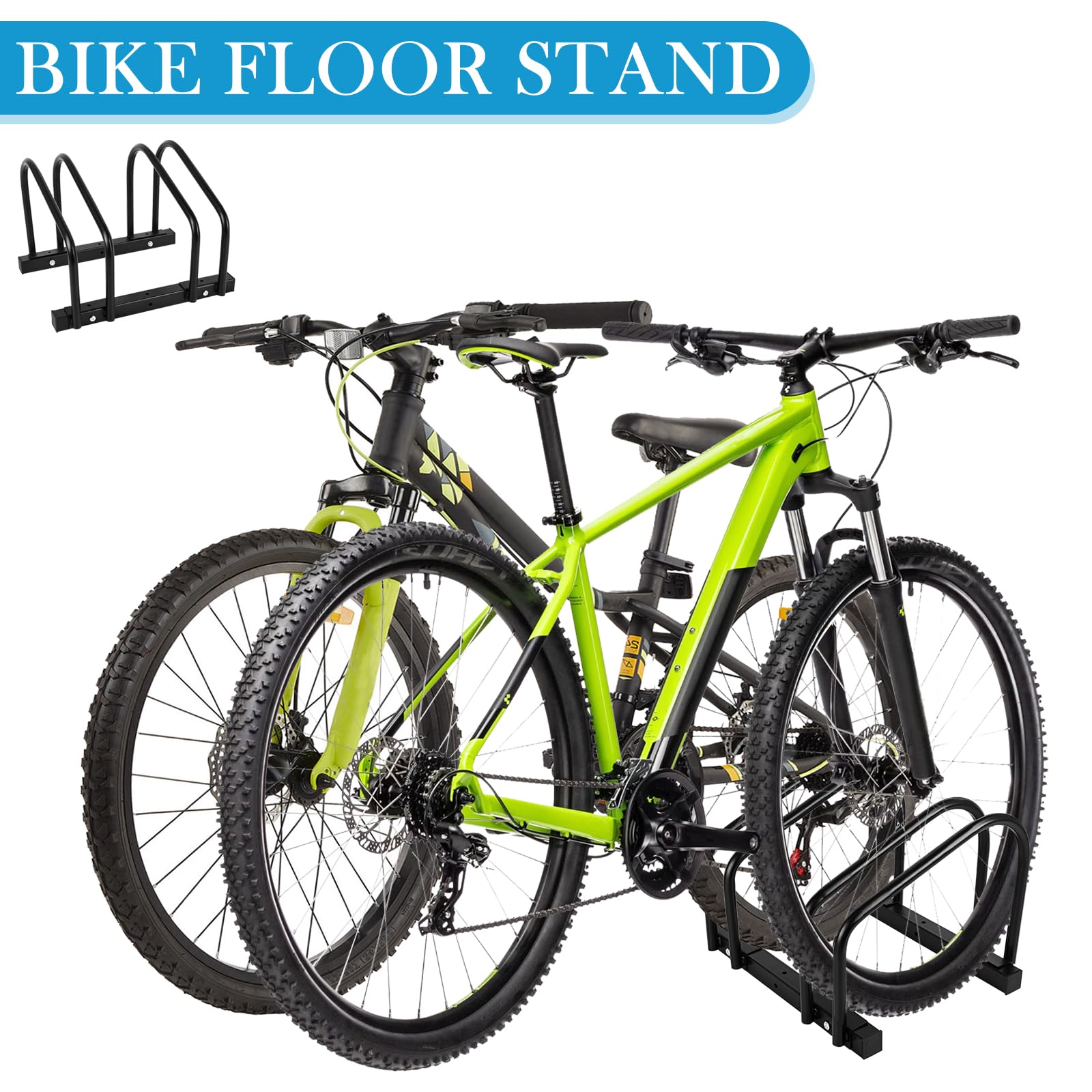 iCool Bikes Floor Bike Stand for 2 Bikes - Heavy Duty Bike Parking Rack for Garage Storage, Indoor/Outdoor Use - Fits Tires Up to 2.15