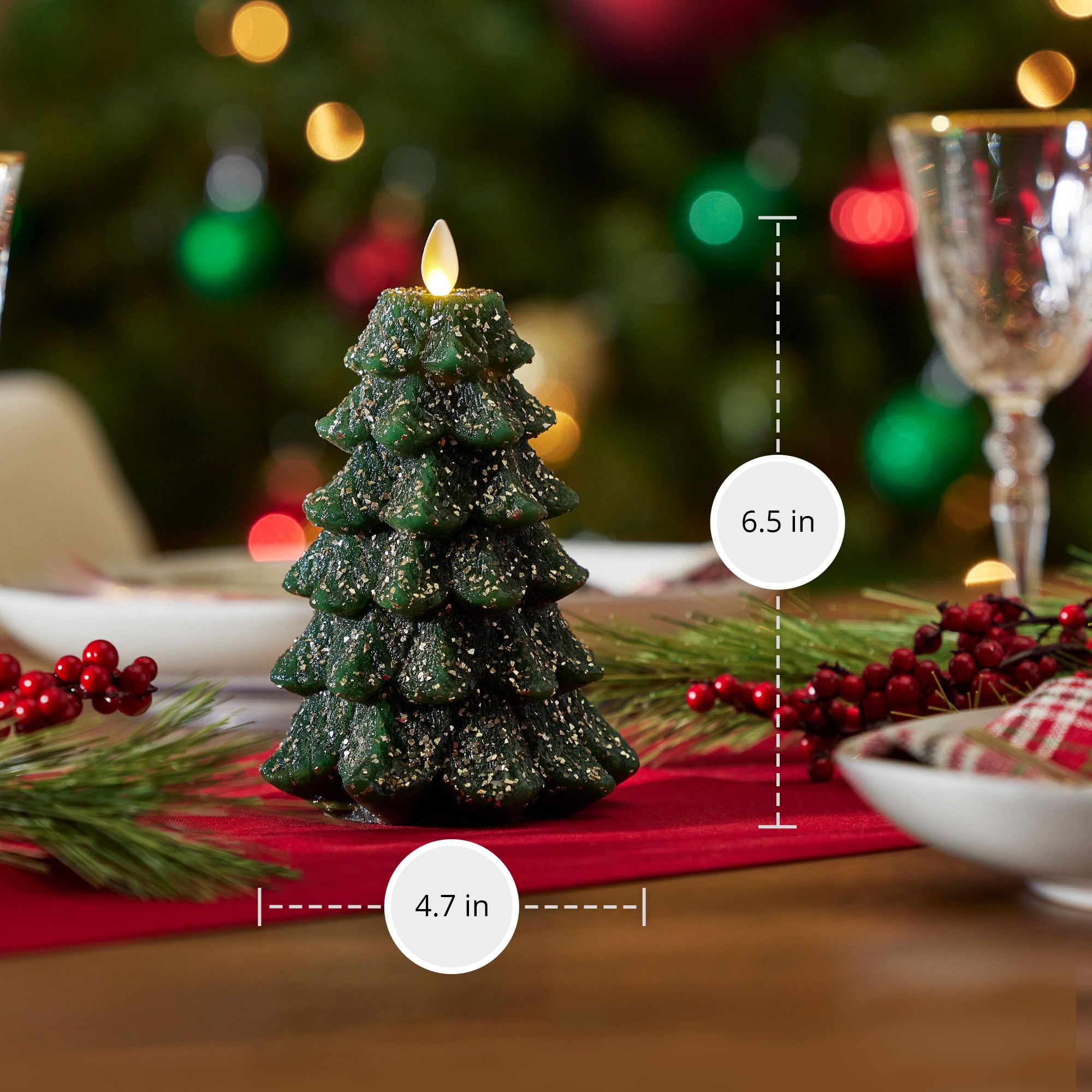 Luminara Flameless LED Christmas Tree Candle with Moving Flame Effect - Glitter & Snow Finish, Timer & Remote Control, Dark Green (4.7