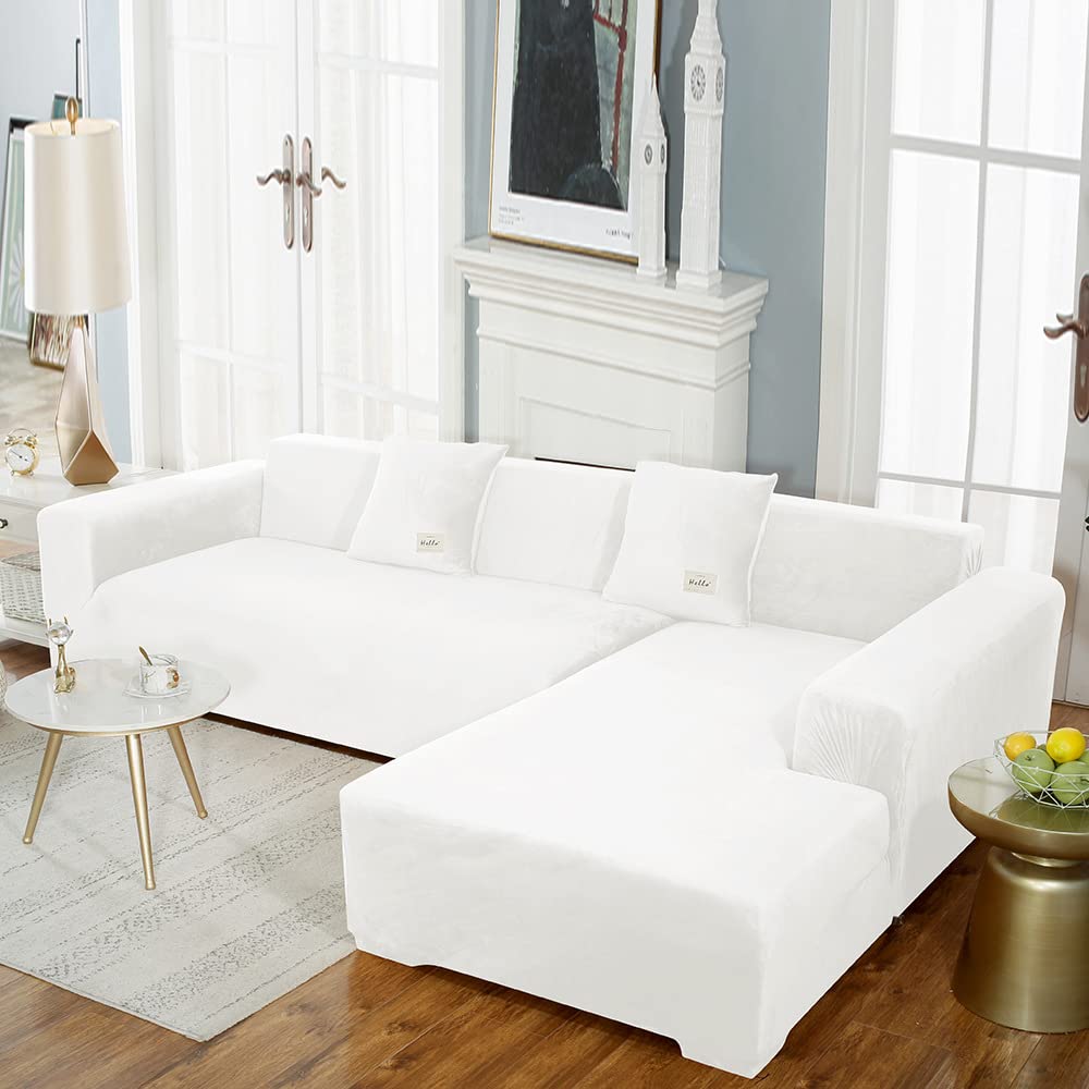 Stretch Velvet L-Shaped Sectional Sofa Slipcover - 4 Seater + 4 Seater Furniture Protector for Pets & Dogs, Soft Chaise Lounge Cover (White) - Perfect for Living Room, Family Room & Home Theater Seating