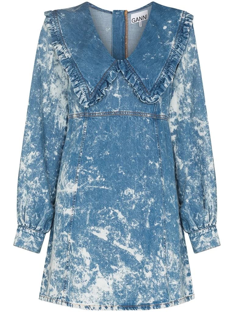 Ganni Women's Acid Wash Denim Mini Dress with Collar - Vintage Style Short Sleeve Denim Dress for Casual Outings, Dates, and Summer Parties