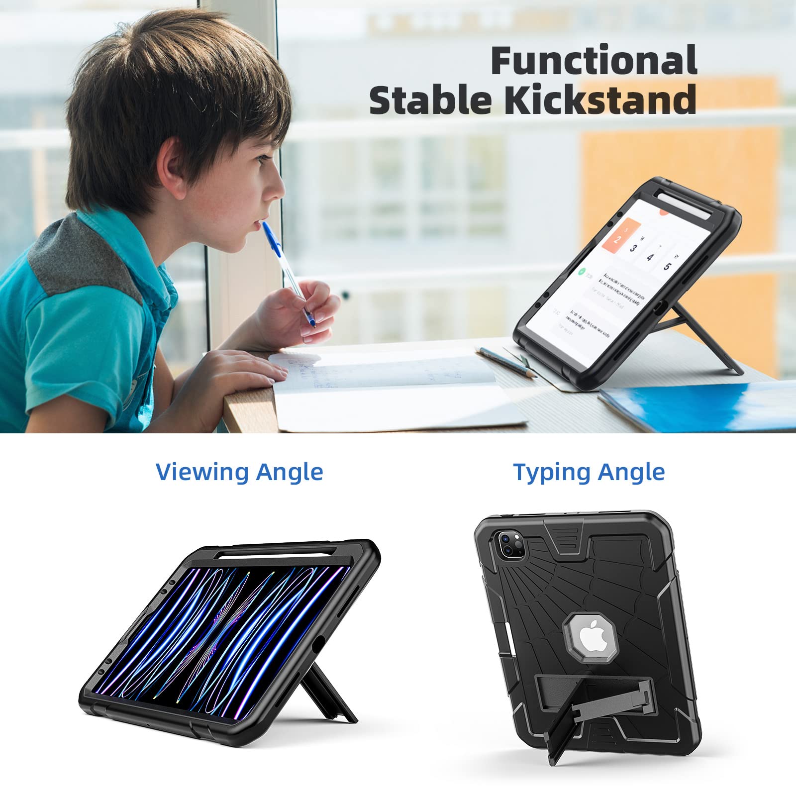 TSQQST iPad Pro 11 Inch Case (4th/3rd/2nd/1st Gen 2018-2022) with Screen Protector & Pencil Holder - Shockproof Full Body Protective Stand Cover for Kids | Perfect for School, Travel & Home Use | Black