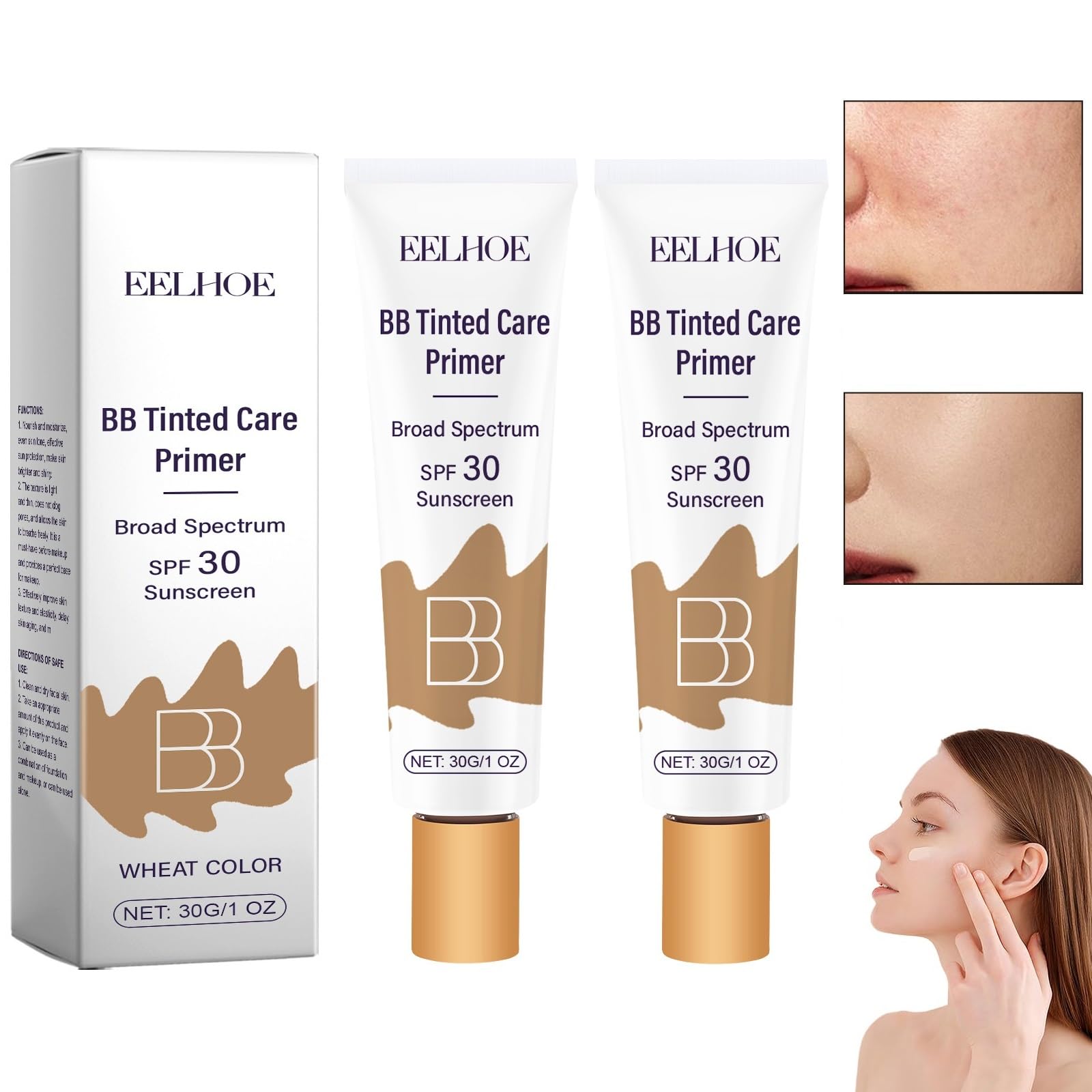 2Pcs BB Blur Tinted Moisturizer SPF 30 - Hydrating & Smoothing BB Cream Primer with Sun Protection (Wheat) | Daily Makeup Base & Natural Coverage for Flawless Skin
