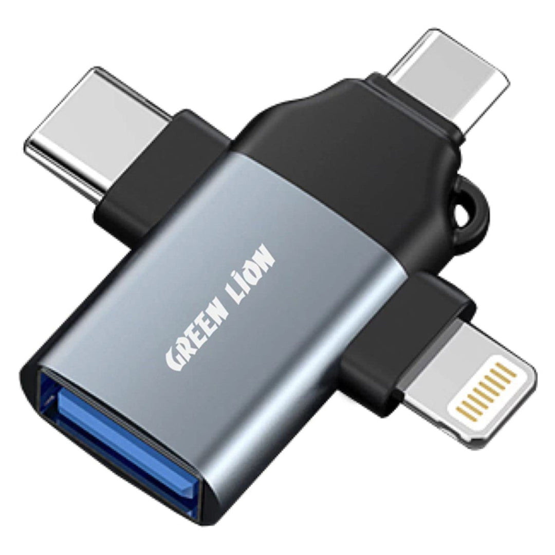 Green Lion 3-in-1 OTG Adapter - Lightning to USB-C/Micro USB Converter for iPhone & Android (Gray) - Perfect for Travel, Charging & Data Transfer