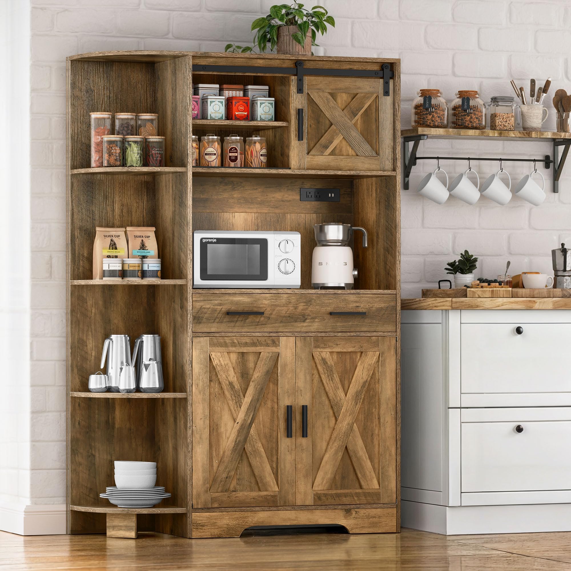 YITAHOME 67 Inch Farmhouse Kitchen Pantry Cabinet with Sliding Barn Door & Power Outlet - Freestanding Storage Hutch with Shelves, Drawers - Microwave Stand, Large Cupboard for Dining Room & Kitchen - Oak Finish - Perfect for Small Space Organization & Home Decor