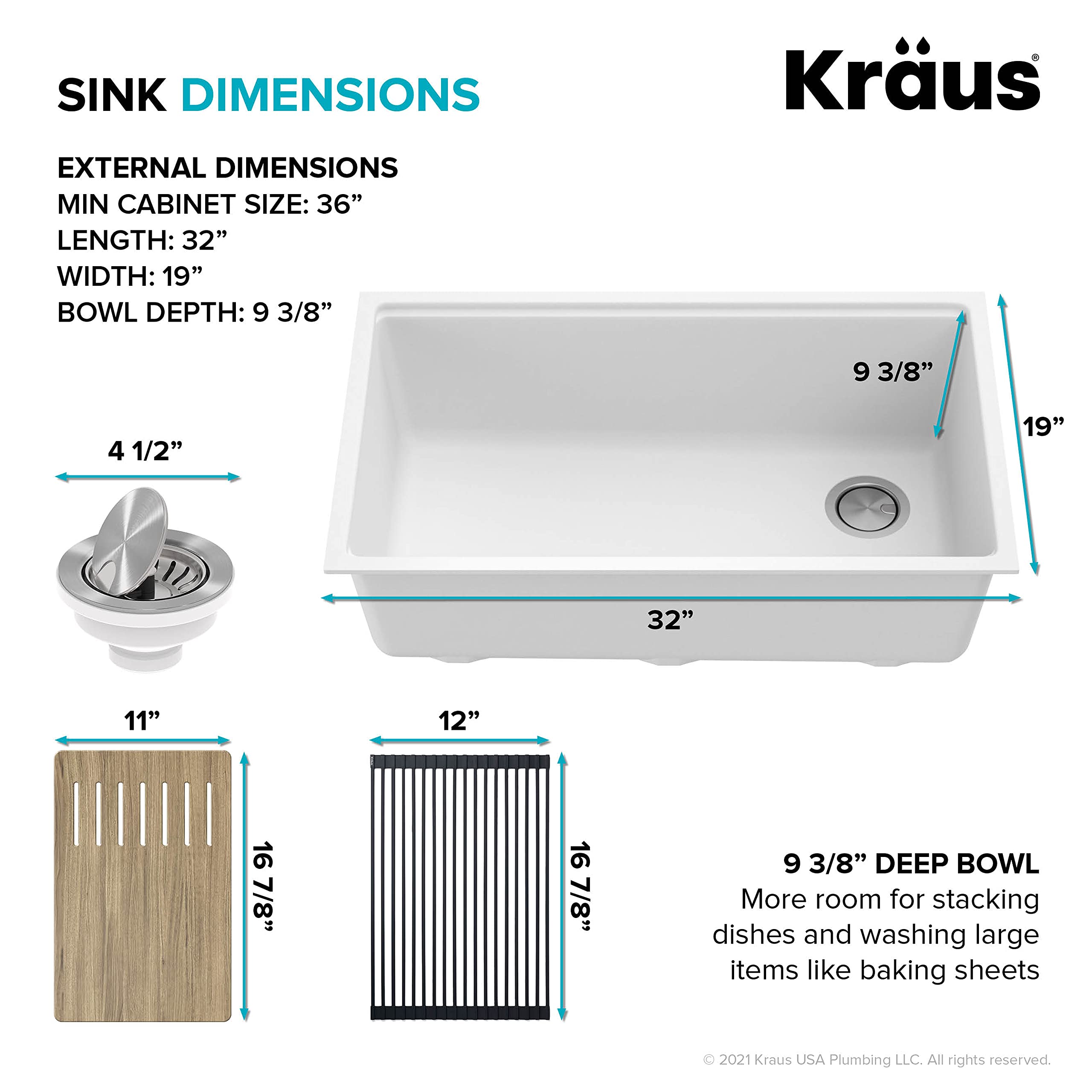 KRAUS Bellucci 32-inch Undermount Granite Composite Single Bowl Kitchen Sink in White with Accessories & WasteGuard™ Garbage Disposal - Perfect for Modern Kitchens, Dishwashing, and Food Prep (Model KGUW1-33WH-100-75MB)