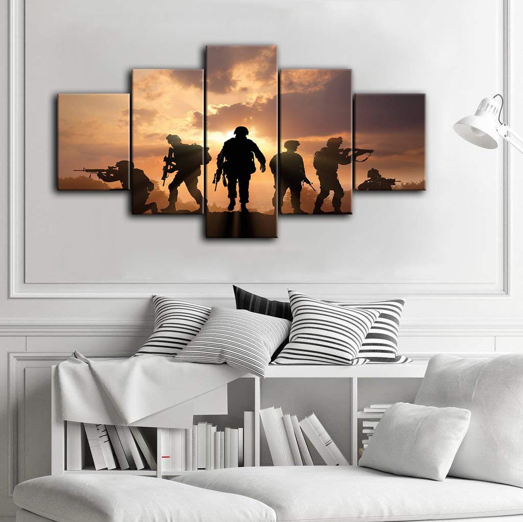 5-Panel Military Soldier Silhouette Canvas Wall Art - Framed Army Troops Print for Modern Home & Office Decor | Ready to Hang | Patriotic Living Room & Man Cave Wall Decor