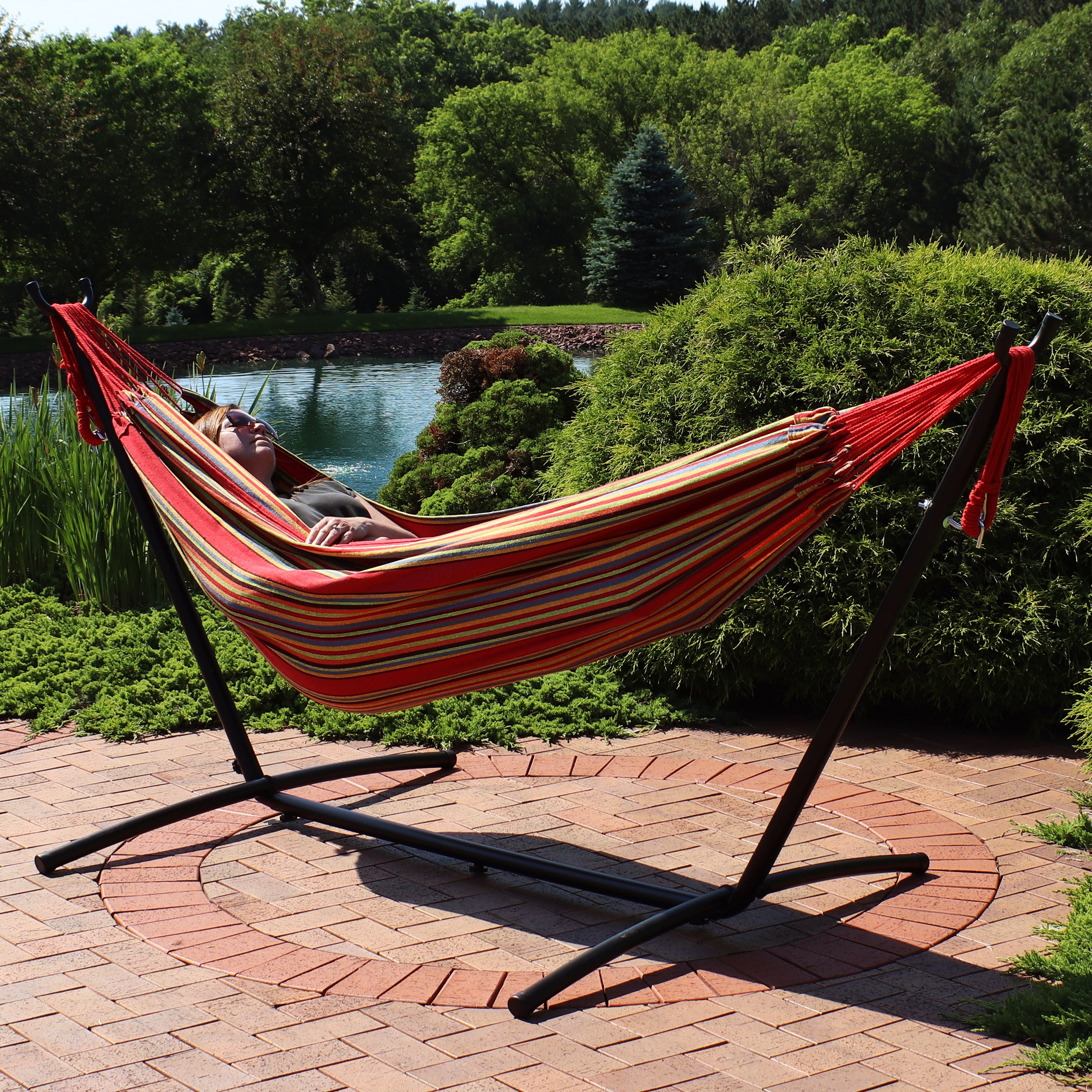 Premium Brazilian Double Hammock with Stand & Carry Bag - Heavy Duty Cotton Rope Hammock for Outdoor, Backyard, Patio & Beach Relaxation