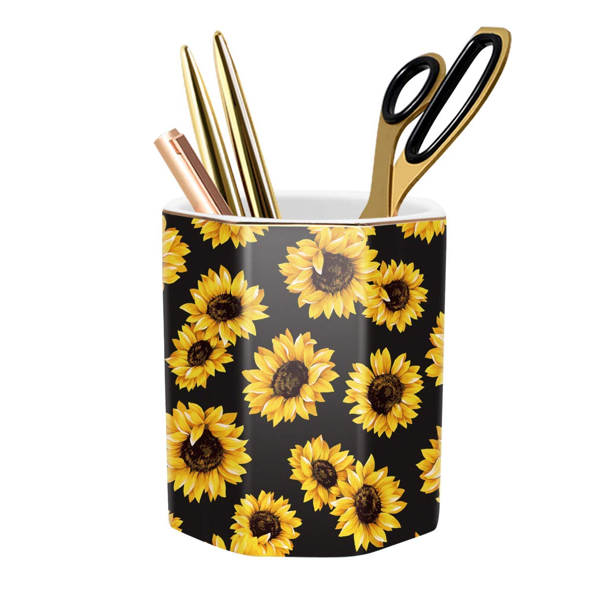Floral Ceramic Pen Holder for Desk - Pencil Cup & Makeup Brush Organizer for Girls, Kids, Office & Home - Durable Black Flower Design - Perfect Gift for Classroom, Work & Study Spaces