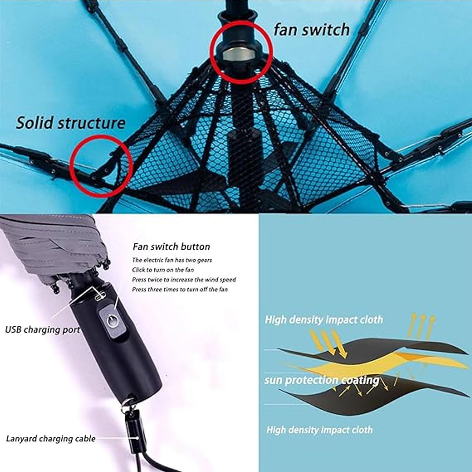 UV Protection Umbrella with Built-in Fan & Mister - 3-in-1 USB Rechargeable Sun Shade for Beach, Travel, Fishing & Outdoor Use - Perfect for Hot Summer Days, Patio Relaxation & Sun Safety