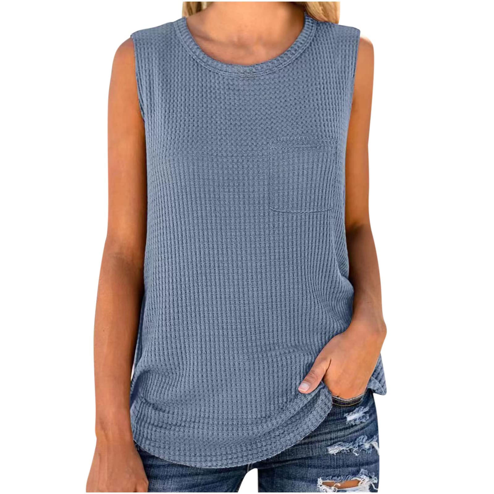 Women's Waffle Knit Tank Top - Summer Casual Sleeveless Shirt, Loose Fit Comfortable Blouse, Solid Color Cute Tunic Tee for Beach, Vacation & Everyday Wear