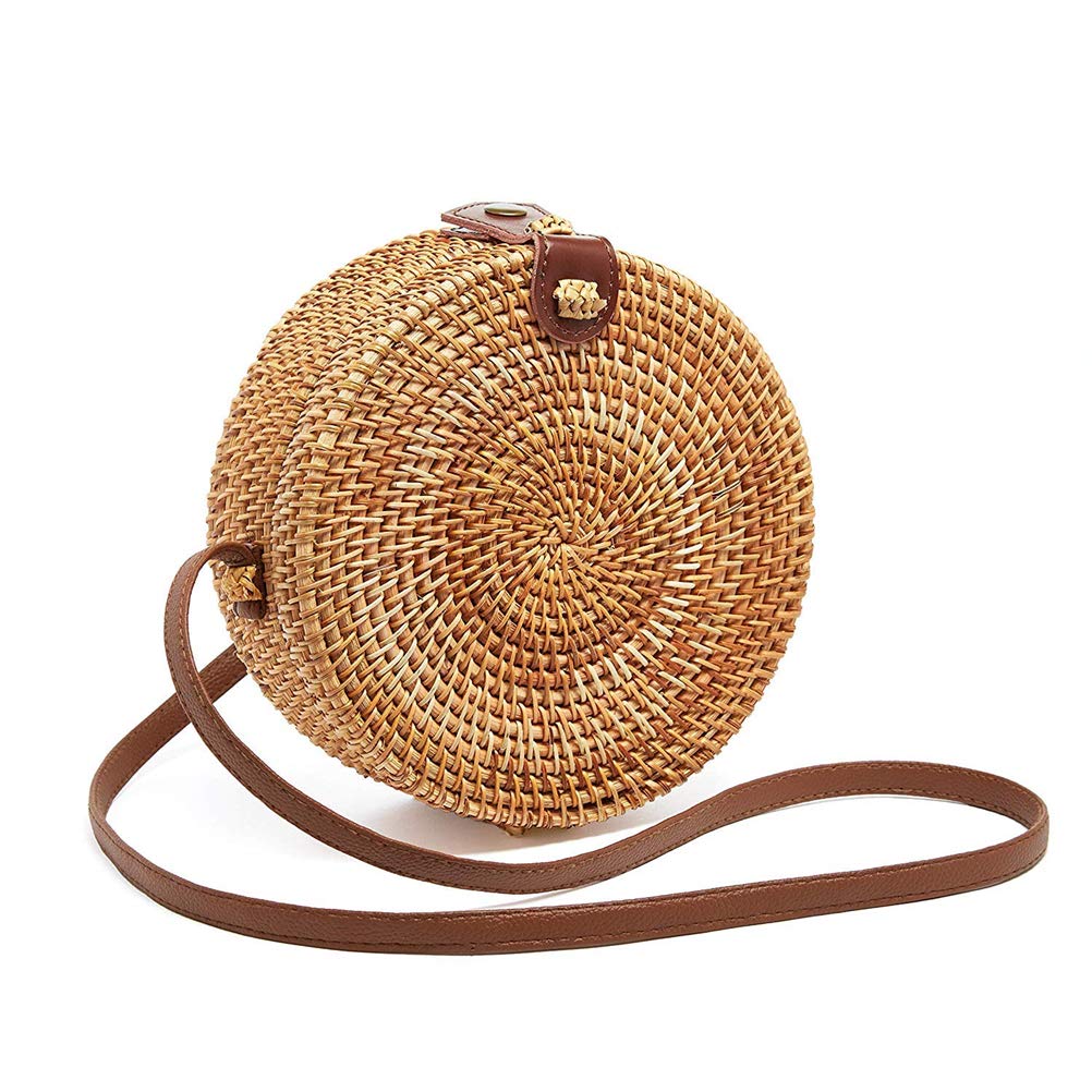 Round Rattan Handbag for Women - Handwoven Straw Crossbody Shoulder Bag with Leather Strap - Summer Beach Purse in Bamboo Style - Perfect for Vacation, Travel & Boho Fashion