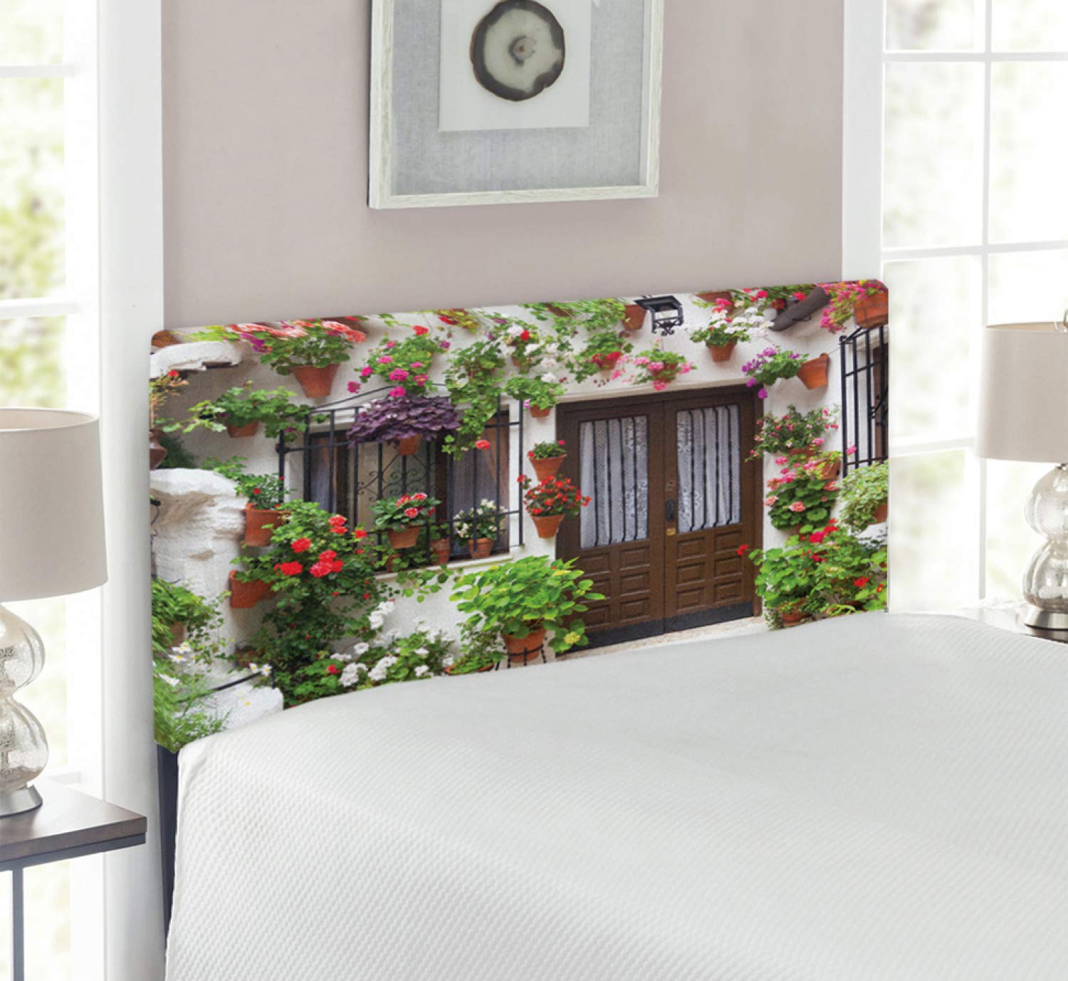 Ambesonne Country Headboard - Colorful European House Design with Flower Pots, Upholstered Metal Bed Headboard with Memory Foam, Twin Size, Multicolor - Perfect for Bedroom Decor & Farmhouse Style Homes