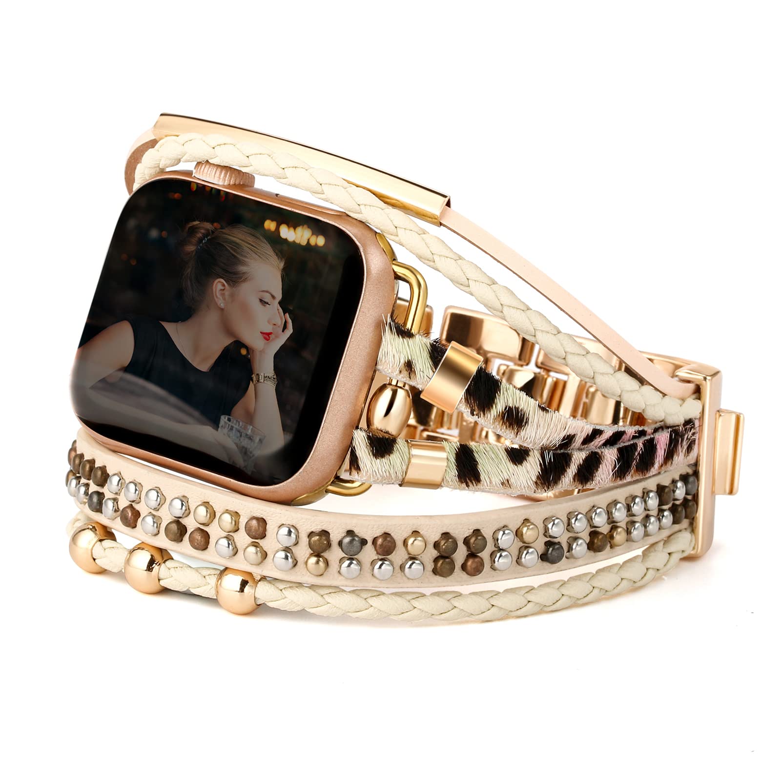 Boho Leather Apple Watch Band for Women & Men - Compatible with Series 10/9/8/7/6/SE/Ultra 2/5/4/3/2/1 (38mm-49mm) - Multilayer Wrap Bracelet Strap for Dressy & Casual Style | Perfect for Work, Travel & Everyday Wear