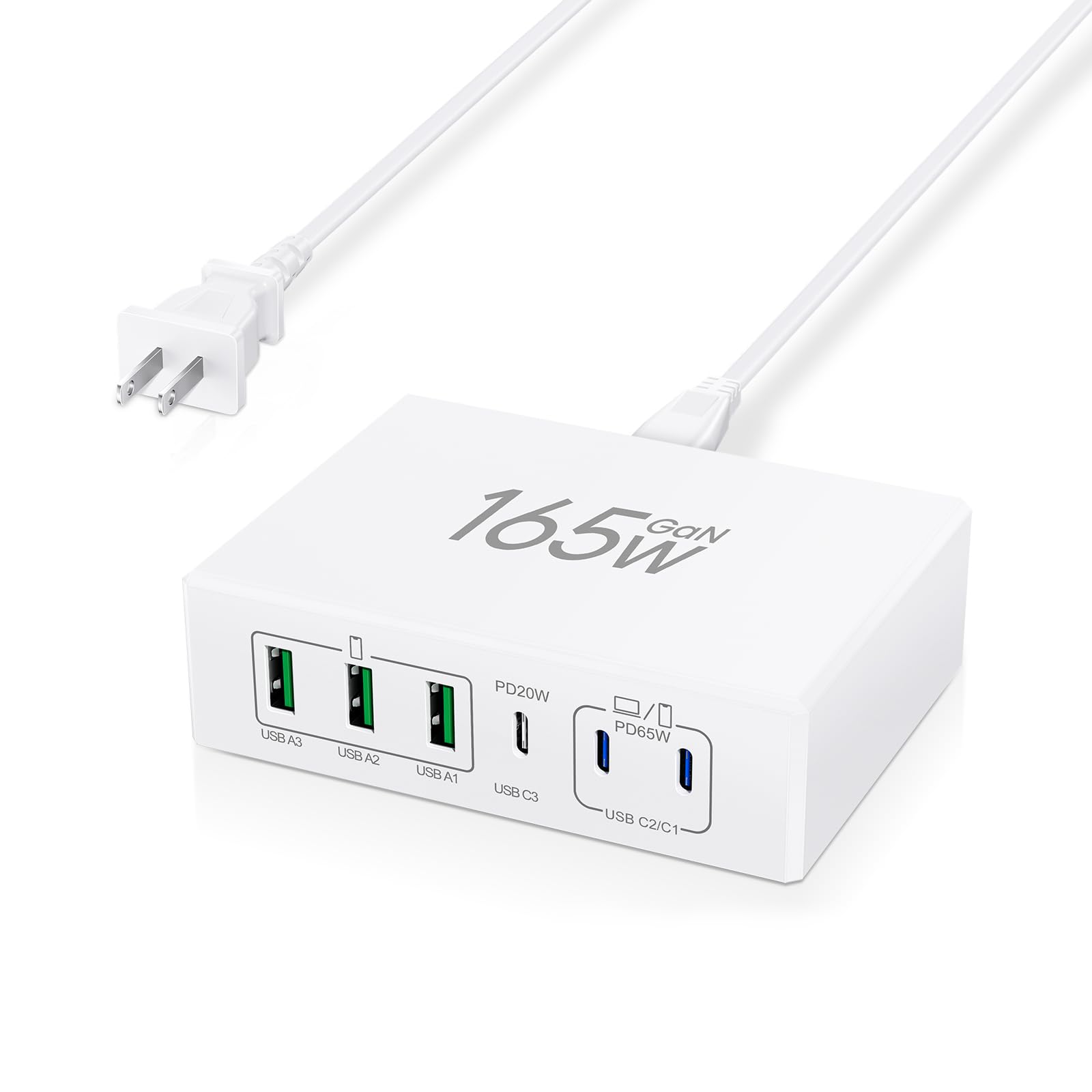 165W USB C Charger Block, 6-Port GaN Fast Charging Station with PD3.0 - 65W USB C Laptop Wall Charger for MacBook Pro, iPad Pro, Galaxy, iPhone 15 (3C3A Ports, White) - Perfect for Home, Office & Travel Charging Needs