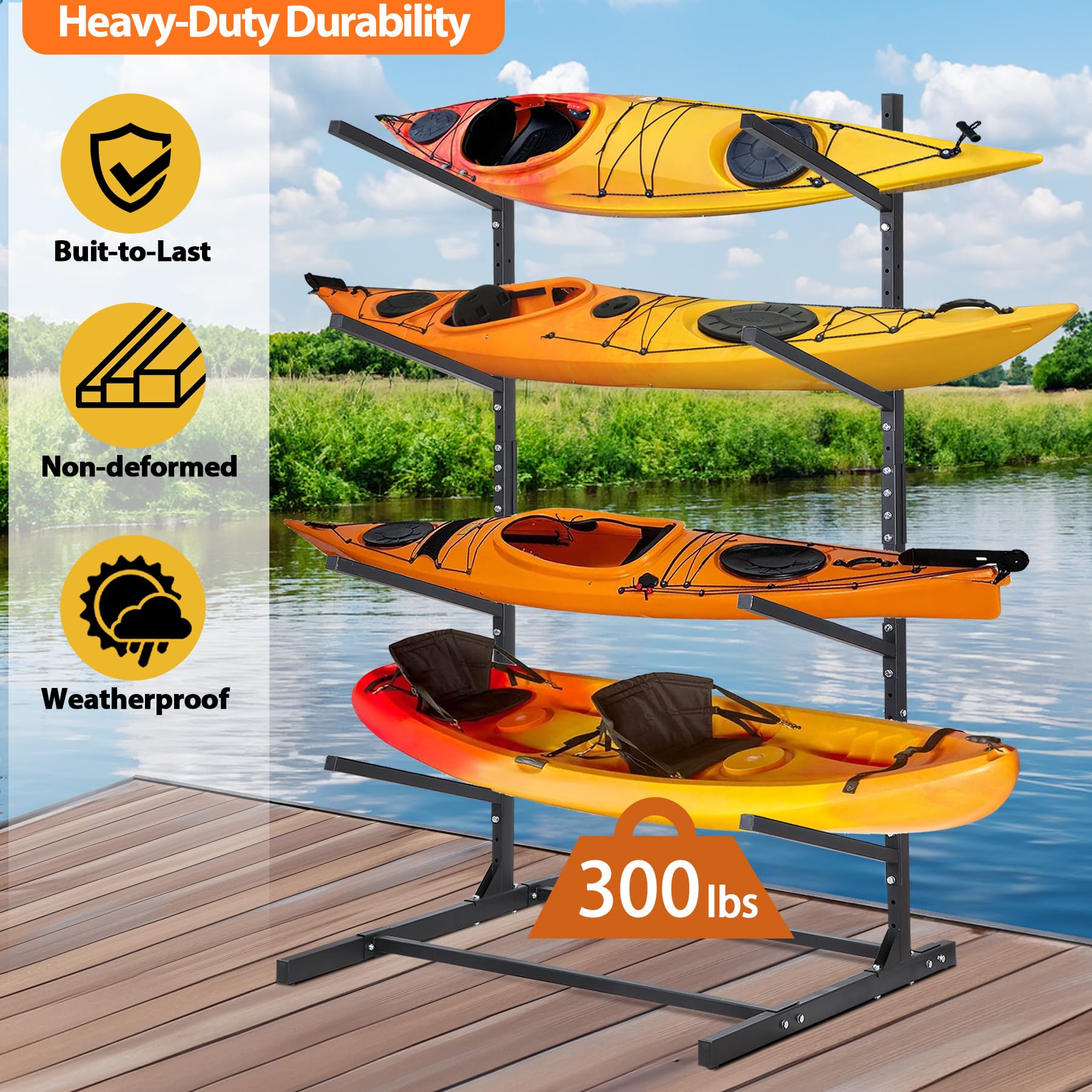 Heavy Duty Freestanding Kayak and SUP Storage Rack - Adjustable Weatherproof Stand for Kayaks, Paddleboards, Canoes & Surfboards - Perfect for Garage, Backyard or Dock Storage