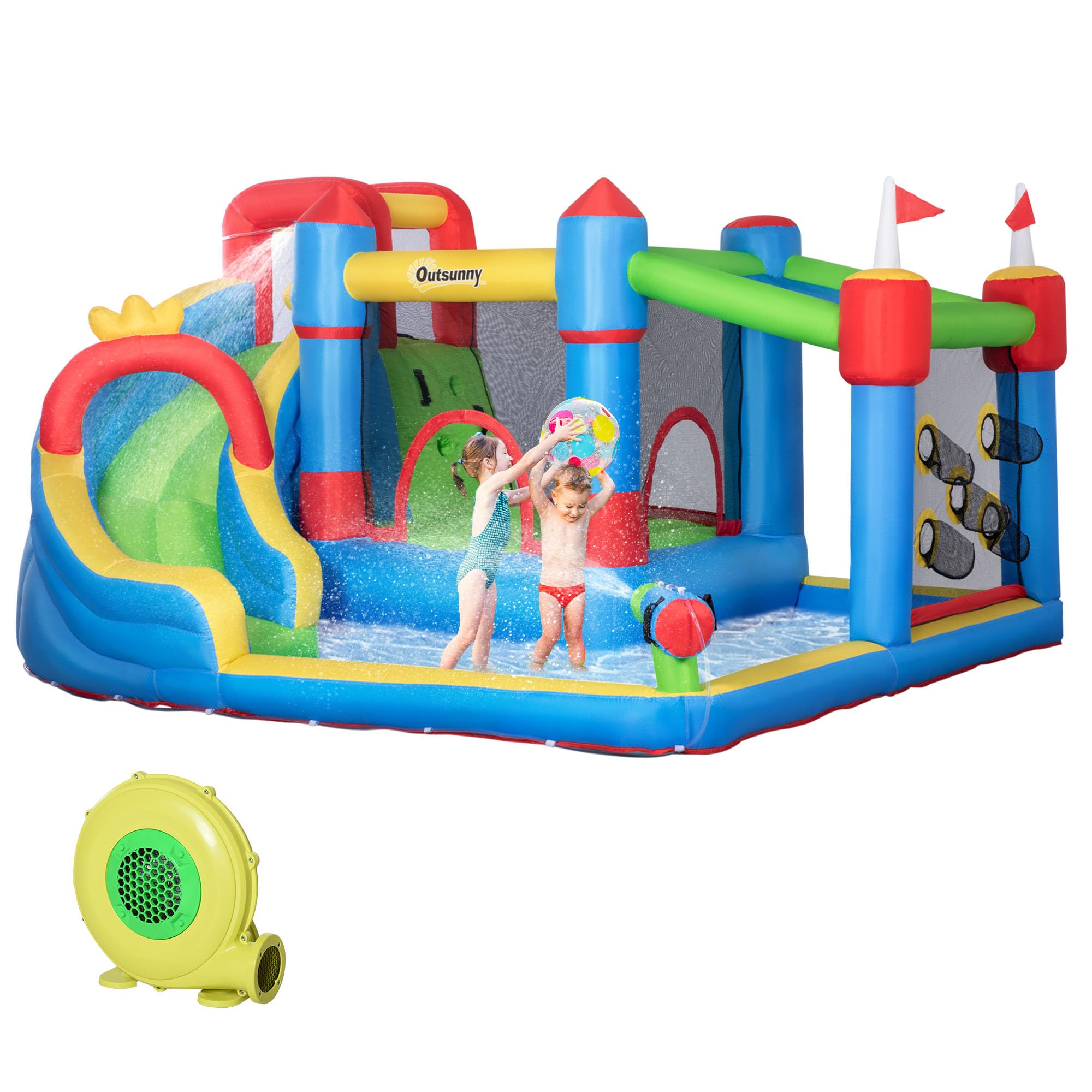 Outsunny 6-in-1 Inflatable Bounce House with Slide, Climbing Wall & Water Cannon - Kids Outdoor Water Play Bouncer with 2 Min Quick Inflation Pump - Perfect for Backyard Parties, Summer Fun & Birthday Celebrations