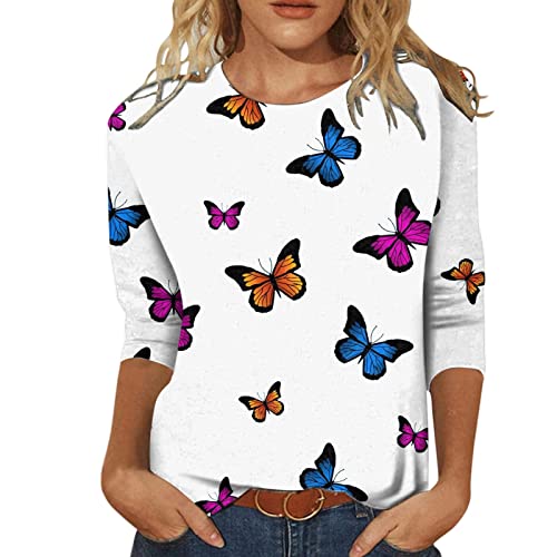 Women's Long Fitted Tie-Dye Colorblock Print T-Shirt - Casual O-Neck Three Quarter Sleeve Blouse (White, XXL) | Perfect for Everyday Wear, Office Outfits & Summer Fashion