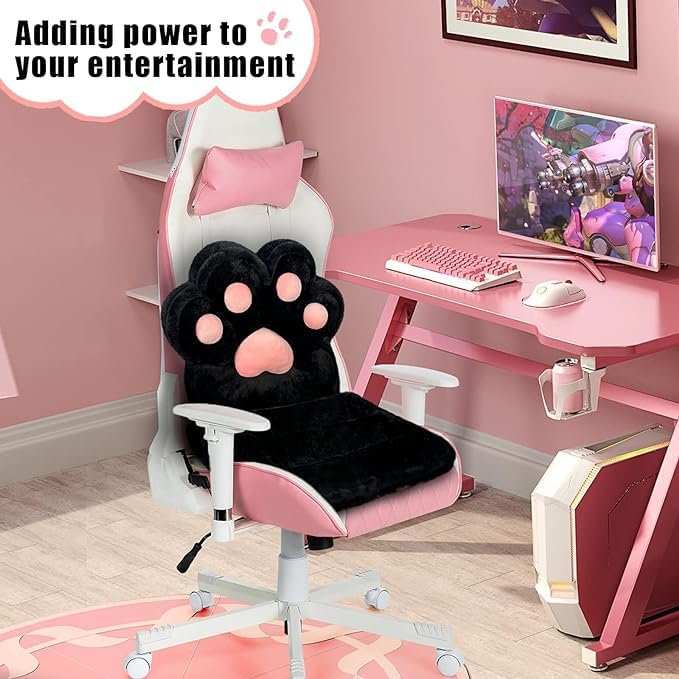 L-Shape Cat Paw Cushion - Soft Faux Rabbit Fur Gaming Chair Pillow for Office & Home, Kawaii Plush Seat Cushion for Desk Chairs, Ergonomic Support & Room Decor (Black) - Perfect for Gaming, Working & Relaxing
