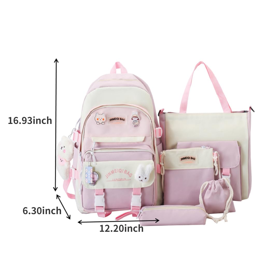 5Pcs Kawaii Cute Backpack Set for School - Aesthetic Pink Backpack with Accessories | Perfect for Girls, Teens & College Students | School Supplies, Travel & Daily Use
