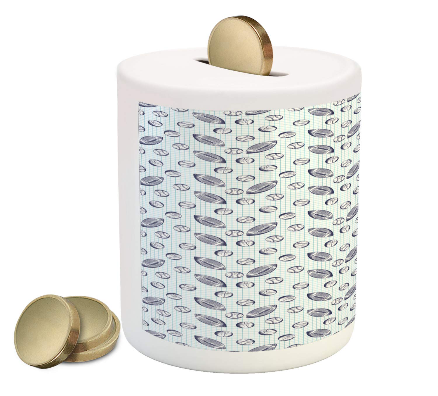 Ambesonne Ceramic Baseball Piggy Bank - Pigskin & Baseballs Design, Book Themed Checked Squares - 3.6