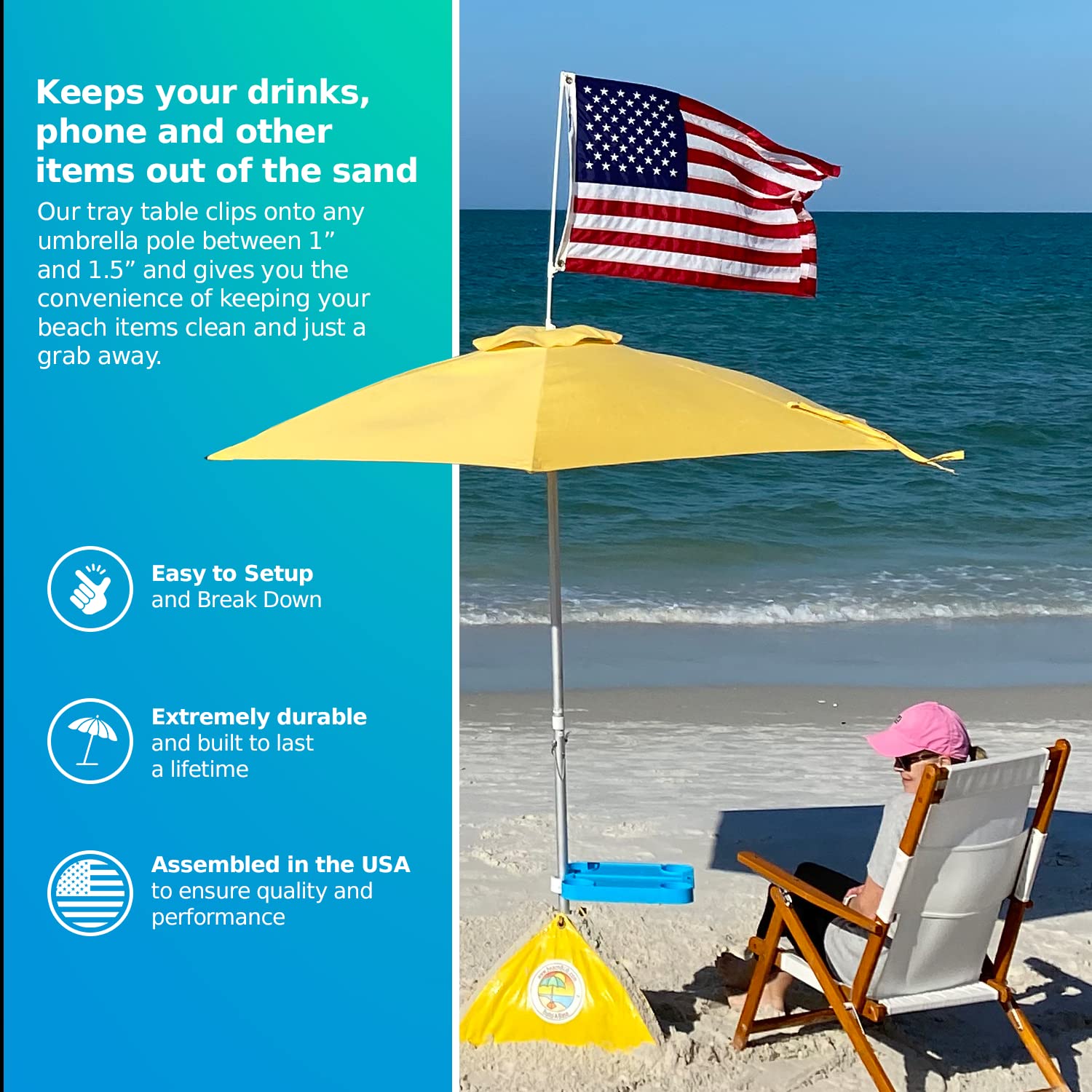 Portable Beach Umbrella Tray Table with 4 Cup Holders - Clip-On Outdoor Side Table for Pool, Patio & Vacation - Perfect for Drinks, Snacks & Sun Protection by the Water