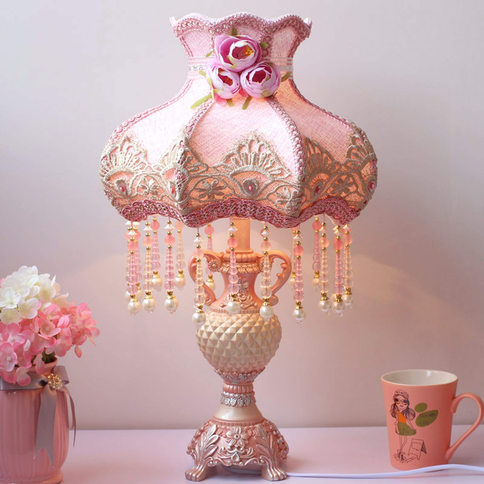 13 Inch European-Style Table Lamp - Handmade Fabric Victorian Princess Bedside Lamp with Resin Brown Painted Body & Pink Shade for Bedroom, Living Room, Office Desk Decor