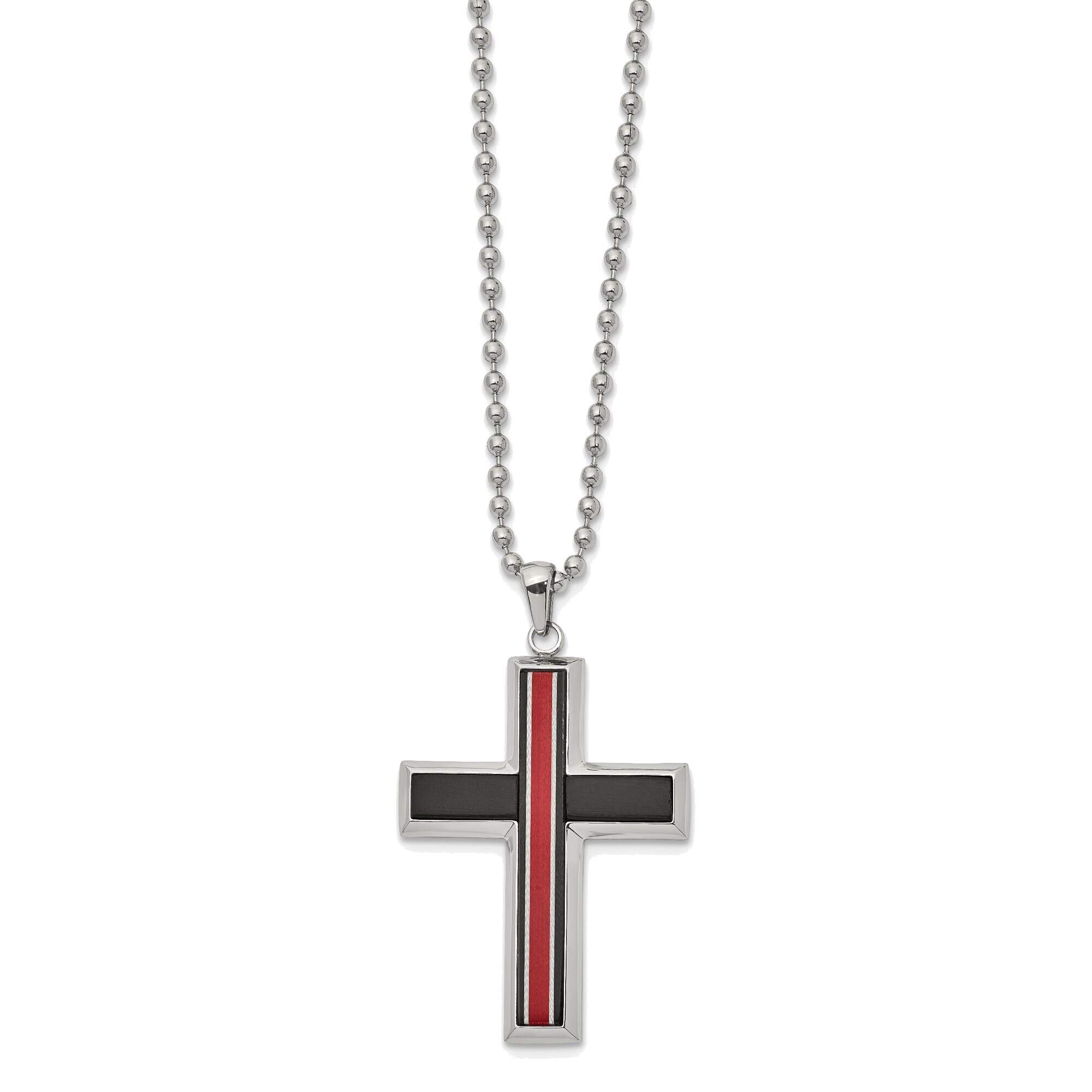 Stainless Steel Cross Necklace for Women & Men - 22 Inch Brushed & Polished Chain with Fiber Glass - Religious Jewelry Gift for Baptism, Confirmation, Church Occasions