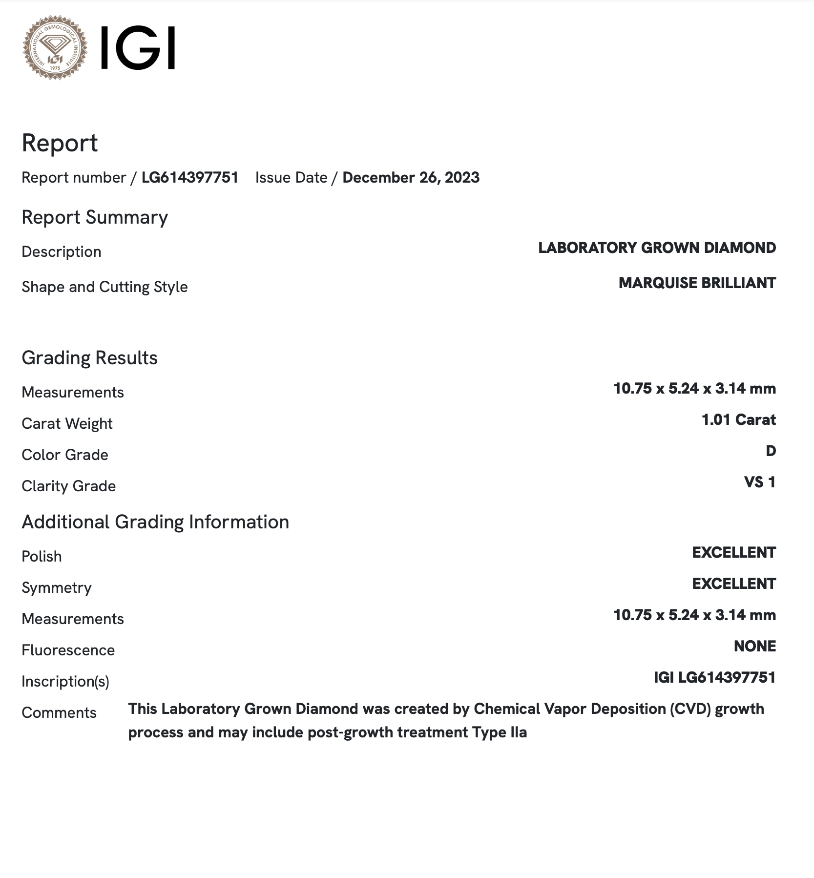1.01 Carat Marquise Lab Grown Diamond (IGI Certified) - Elegant Engagement Ring & Wedding Jewelry for Women