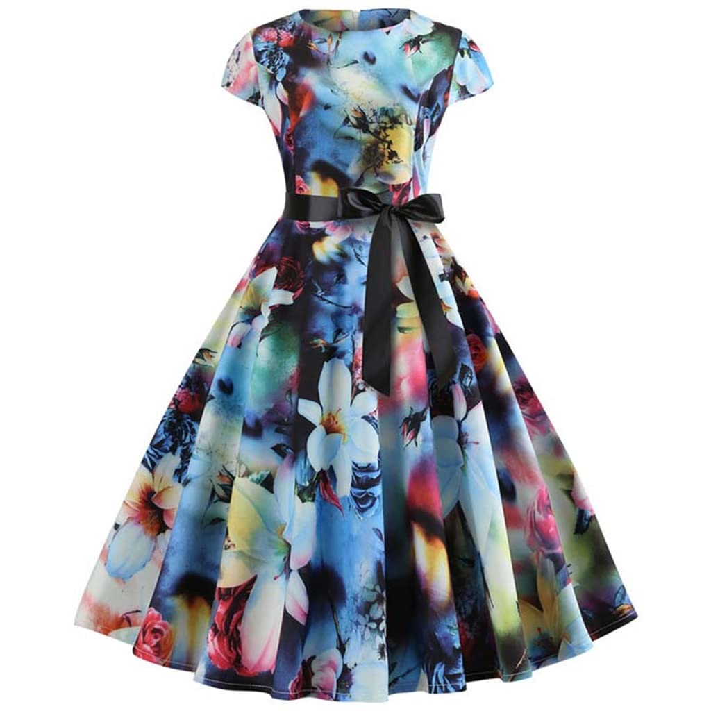 QWZYP Plus Size Casual Vintage Floral Swing Dress - Women's Rockabilly Pin Up Summer Beach Dress (Blue, Mcode) | Perfect for Outdoor Parties, Vacations & Retro Style Outfits