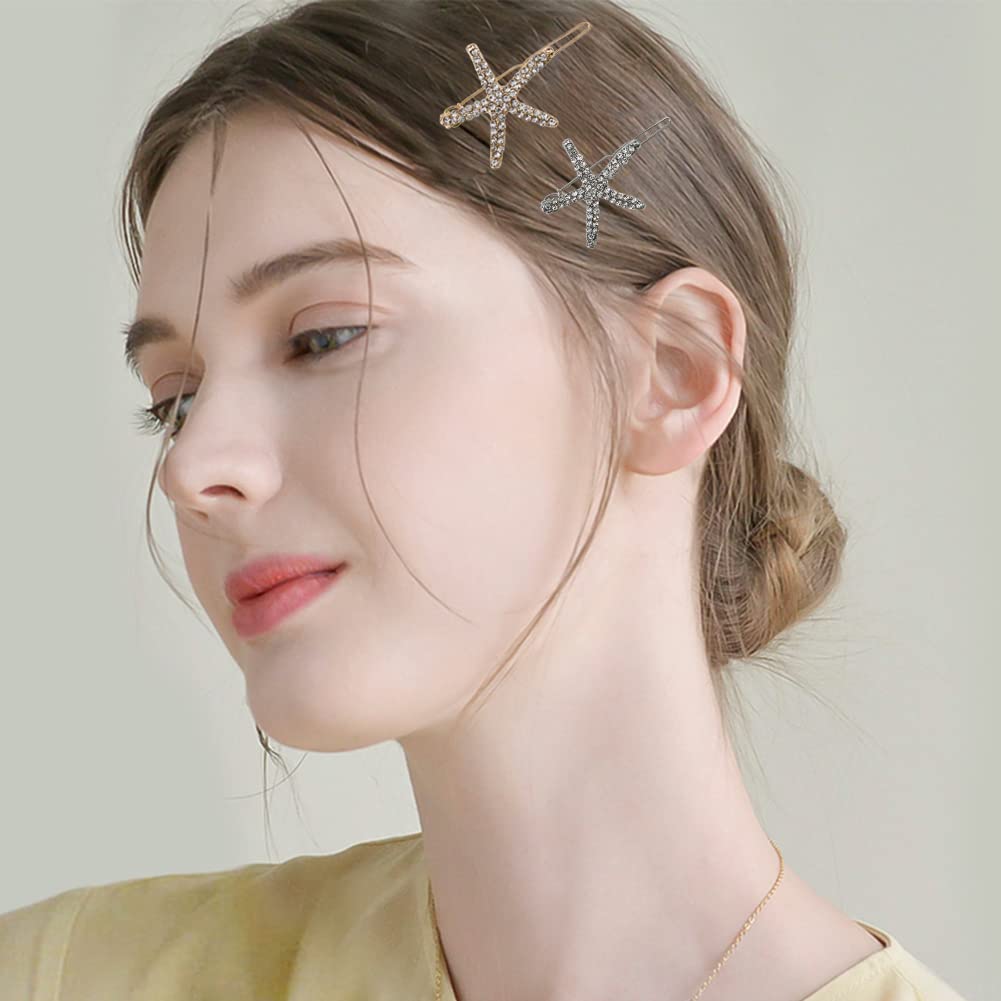 4 Pack Gold Starfish Hair Clips - Rhinestone Crystal Hair Claw Clips for Women, Ponytail Holders for Beach Vacation, Summer Party & Everyday Use