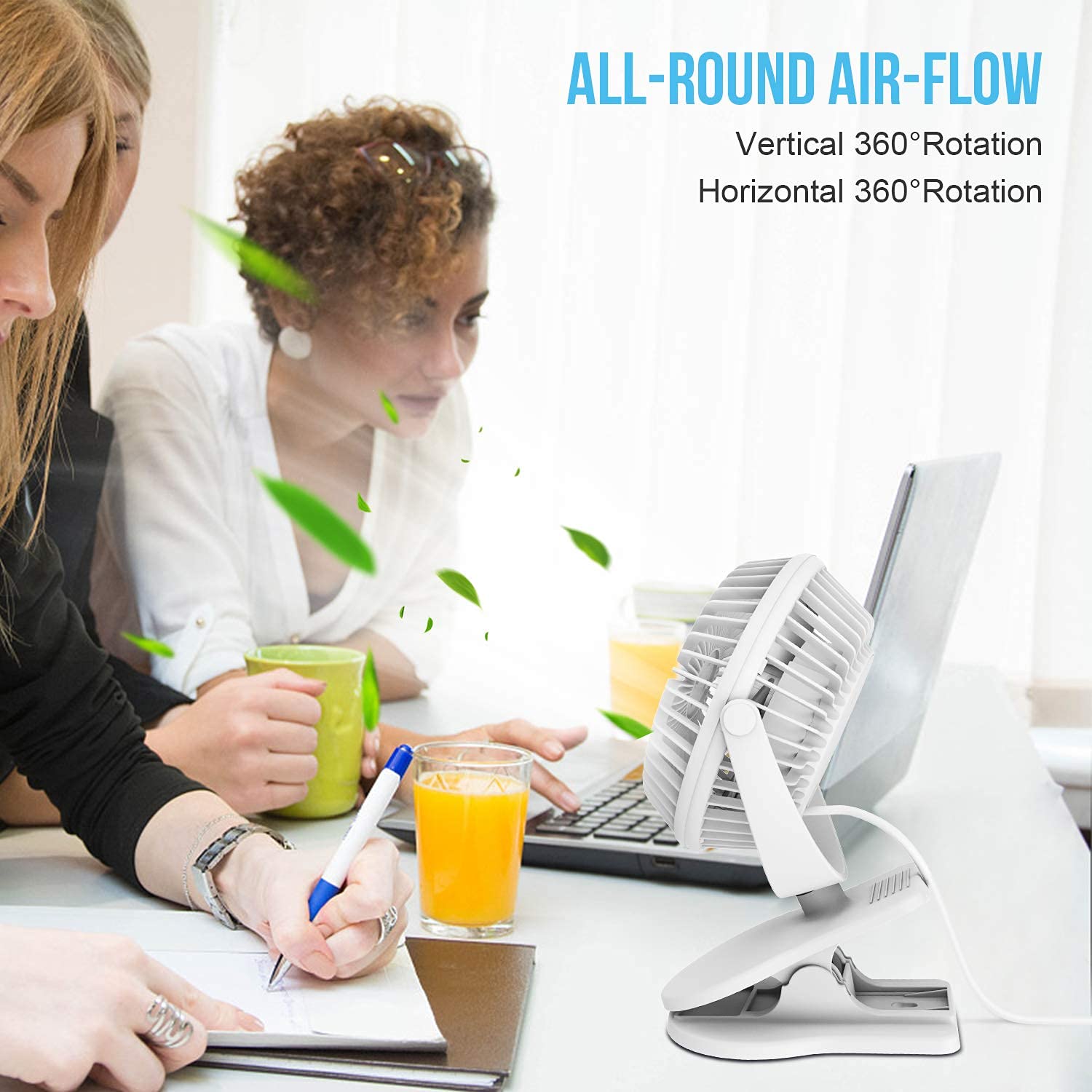 2-Pack Small Desk Fan & Clip-On Fan - Portable USB Mini Fan for Office, Home, Bedroom - Quiet Cooling Fan for Work, Study & Travel - White