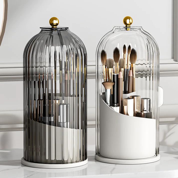 HOOPVOOL® 360° Rotating Makeup Brush Holder with Lid - Multifunctional Organizer for Nail Polish, Perfume, Lipstick, Pens, Pencils & Paint Brushes - Perfect for Vanity, Dressing Table & Beauty Station Storage (Grey)