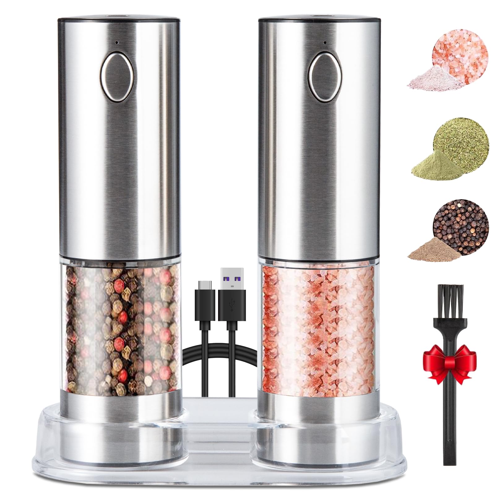 Rechargeable Electric Salt and Pepper Grinder Set (2 Pack) - Stainless Steel Automatic Mills with Adjustable Coarseness & LED Light - Refillable Kitchen Spice Shakers for Cooking, Dining & Home Use - Silver